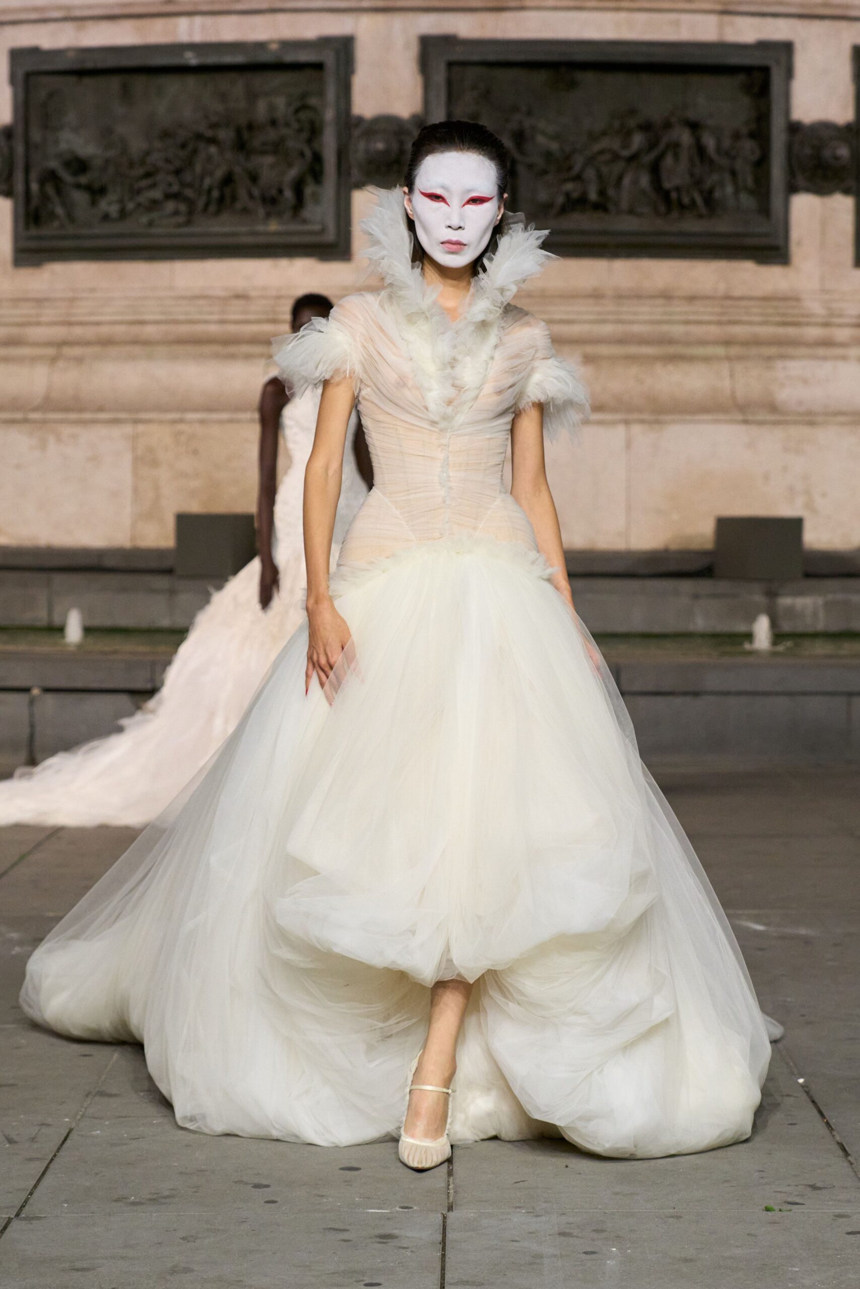 ivory tulle short-sleeve v-neck fitted ruched ruffled gown