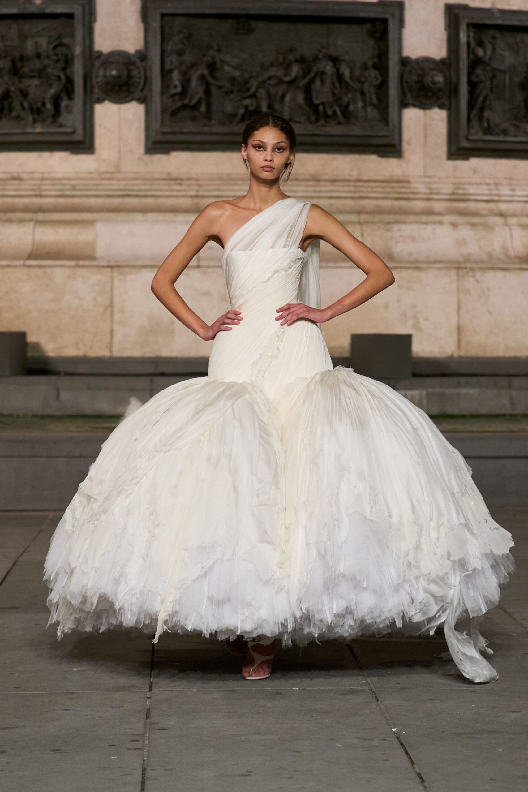 ivory tulle off-shoulder asymmetric fitted pleated tiered gown