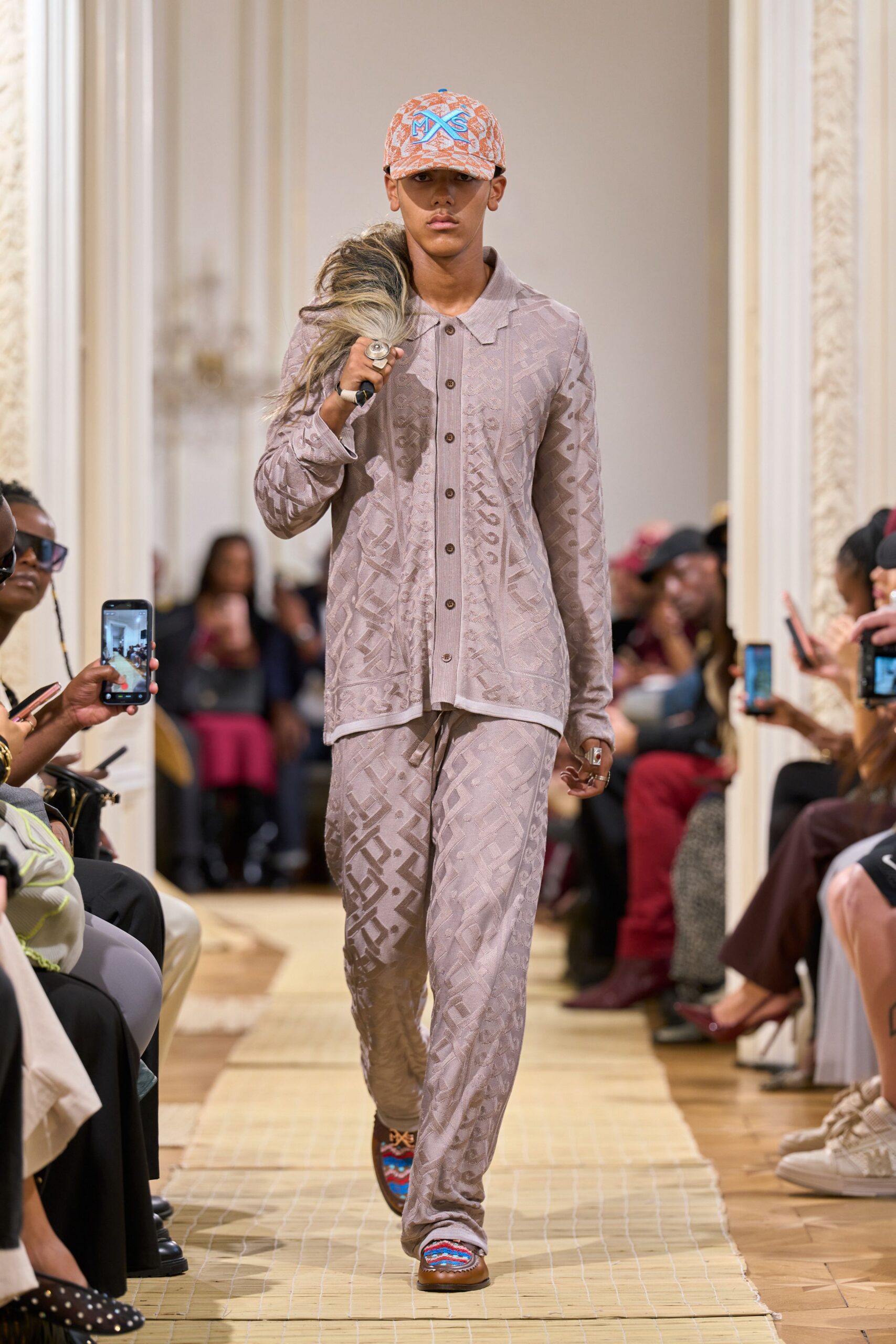 pink knit relaxed printed textured pants