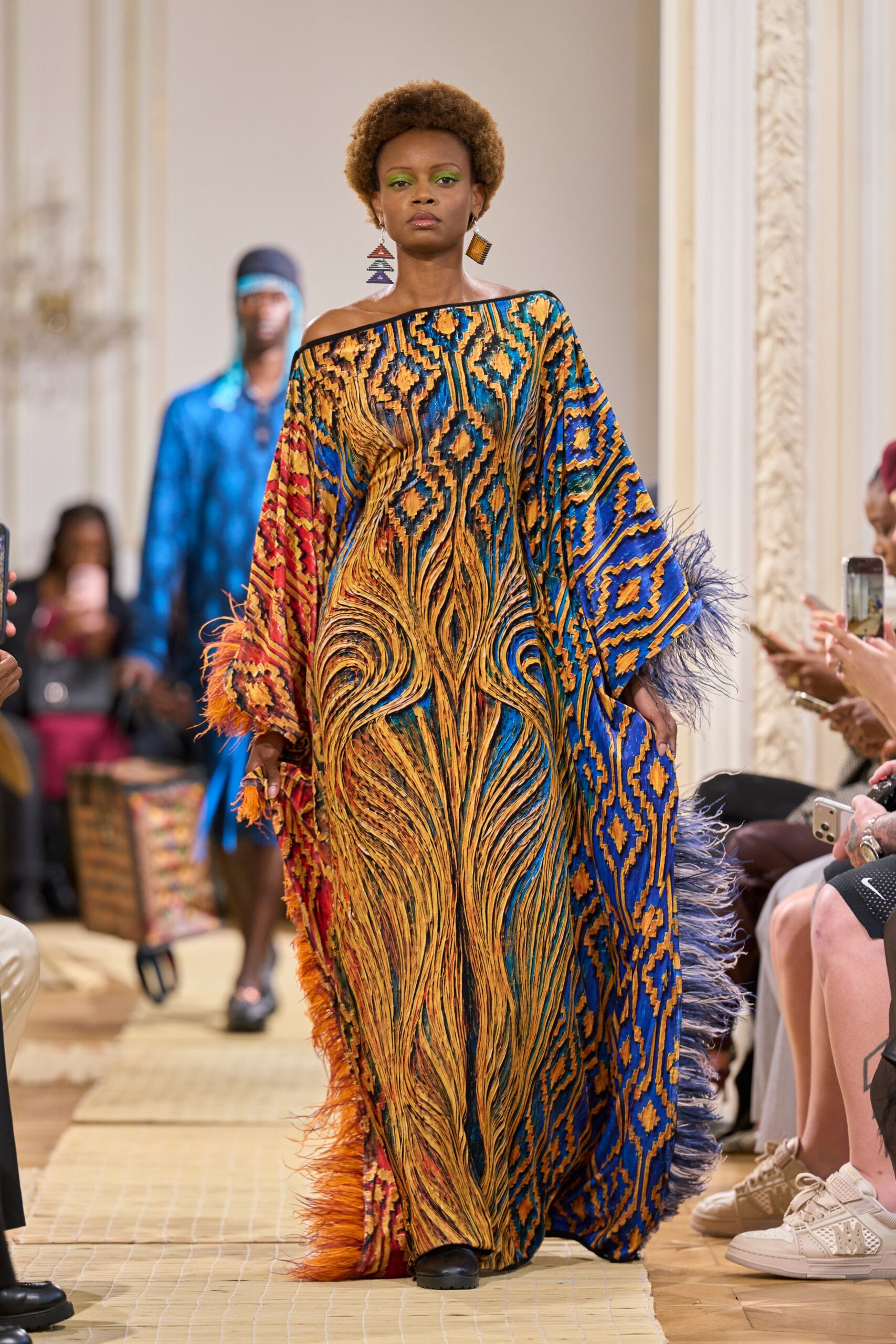 printed feather-trim caftan gown