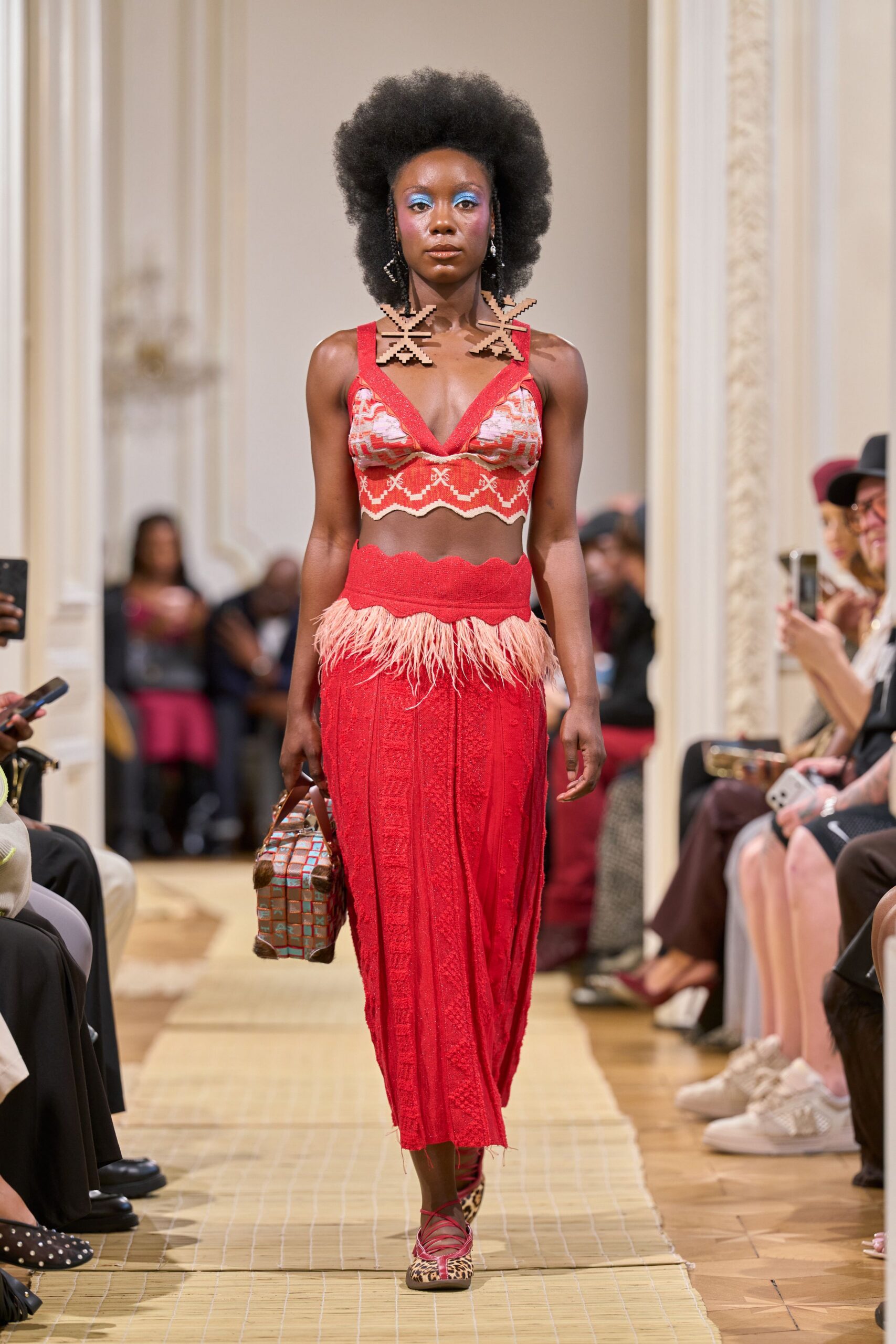 red feather-trim knit column skirt