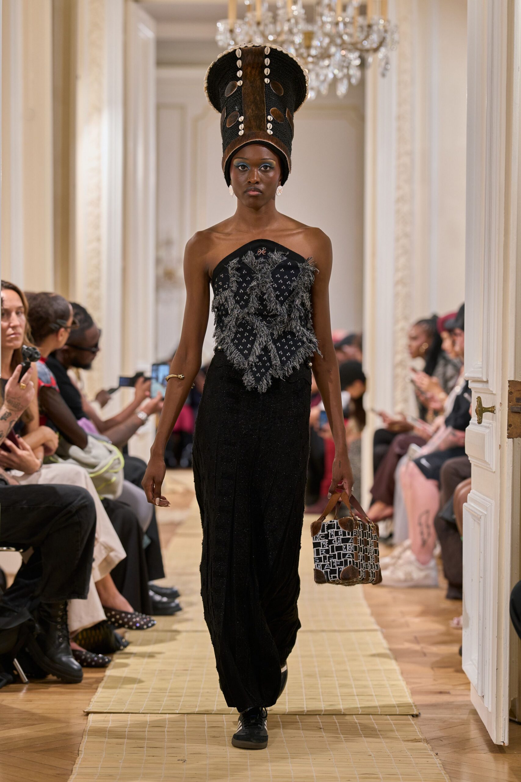 one-shoulder beaded fringe black gown