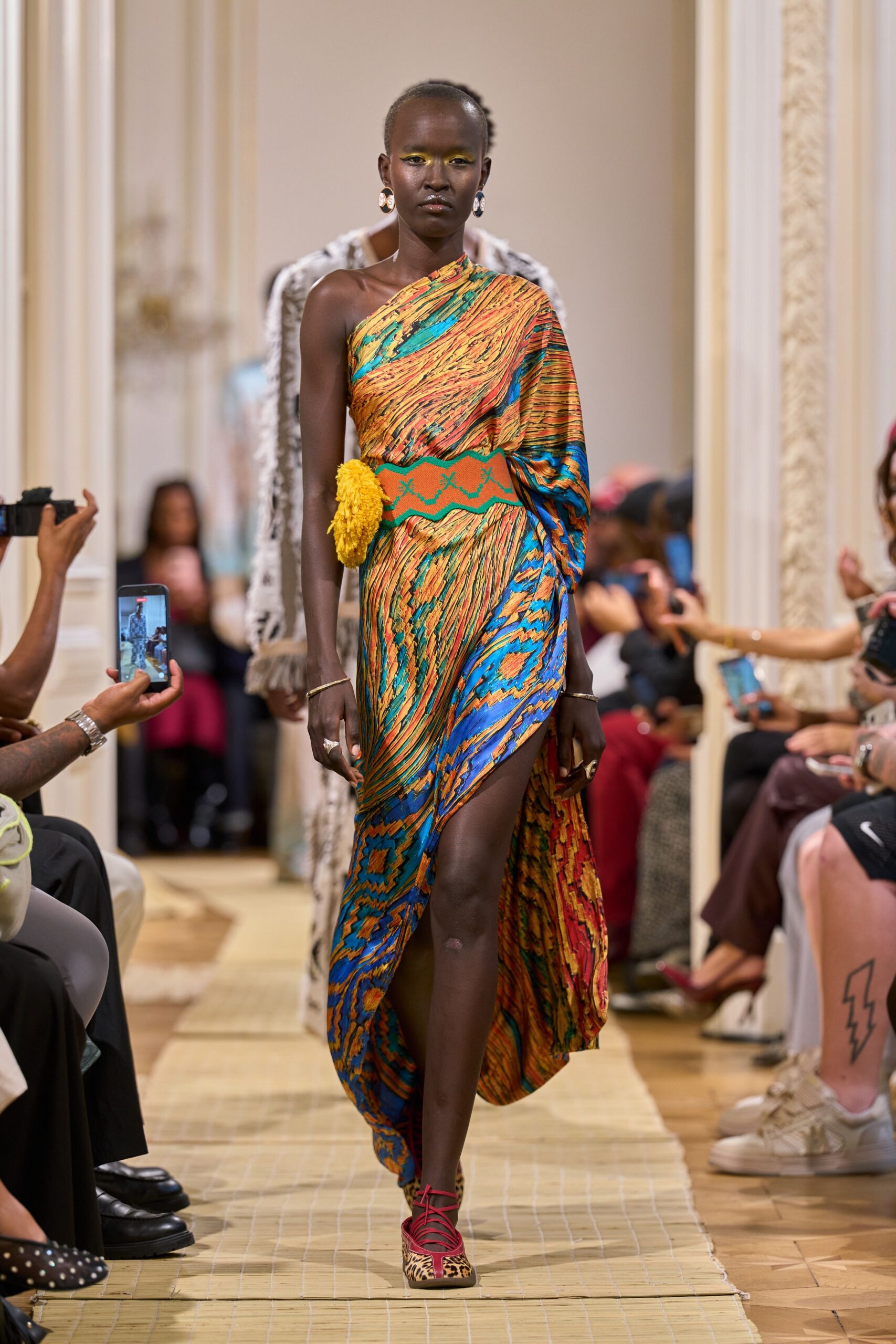 one-shoulder printed draped evening gown