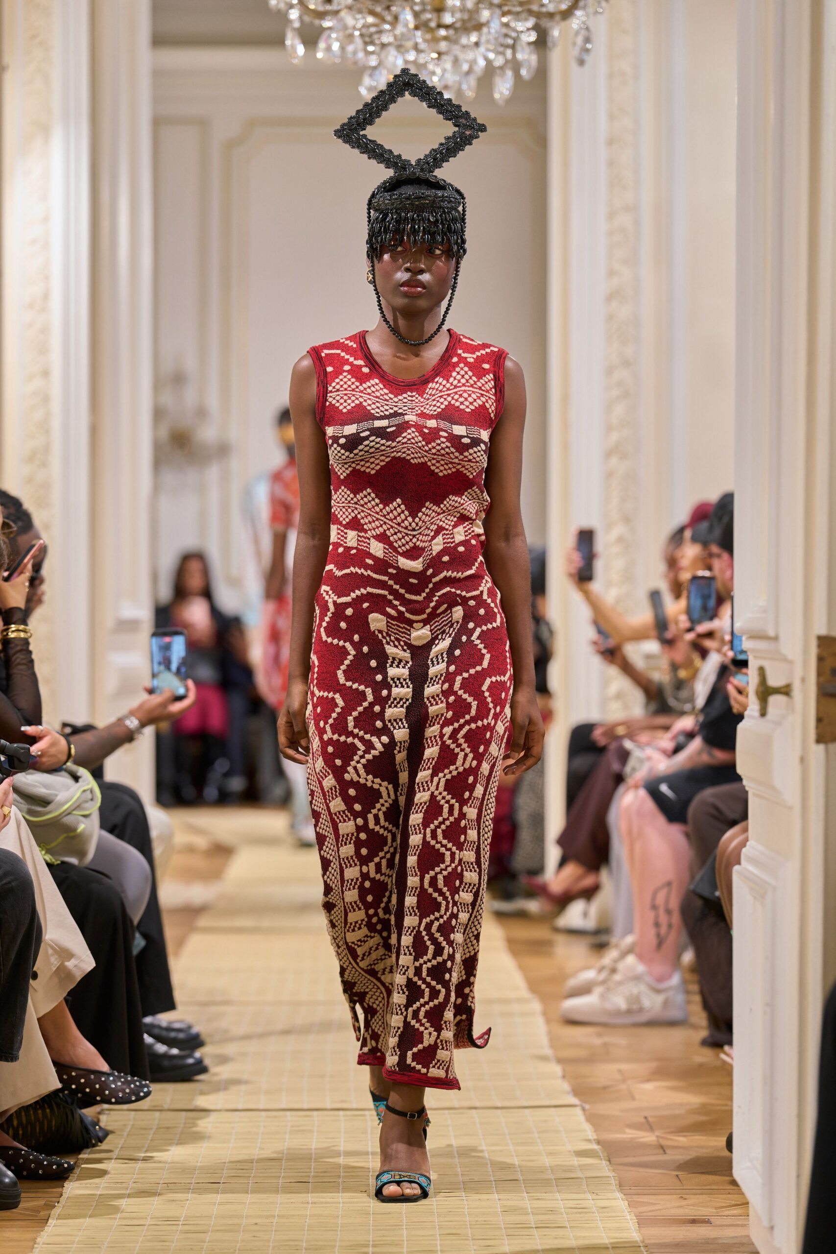 red patterned knit column dress