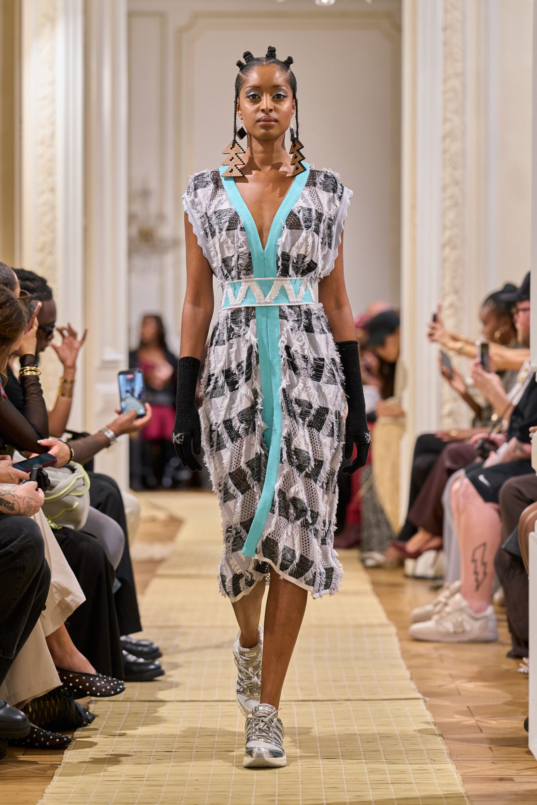 fringed plunging printed midi dress
