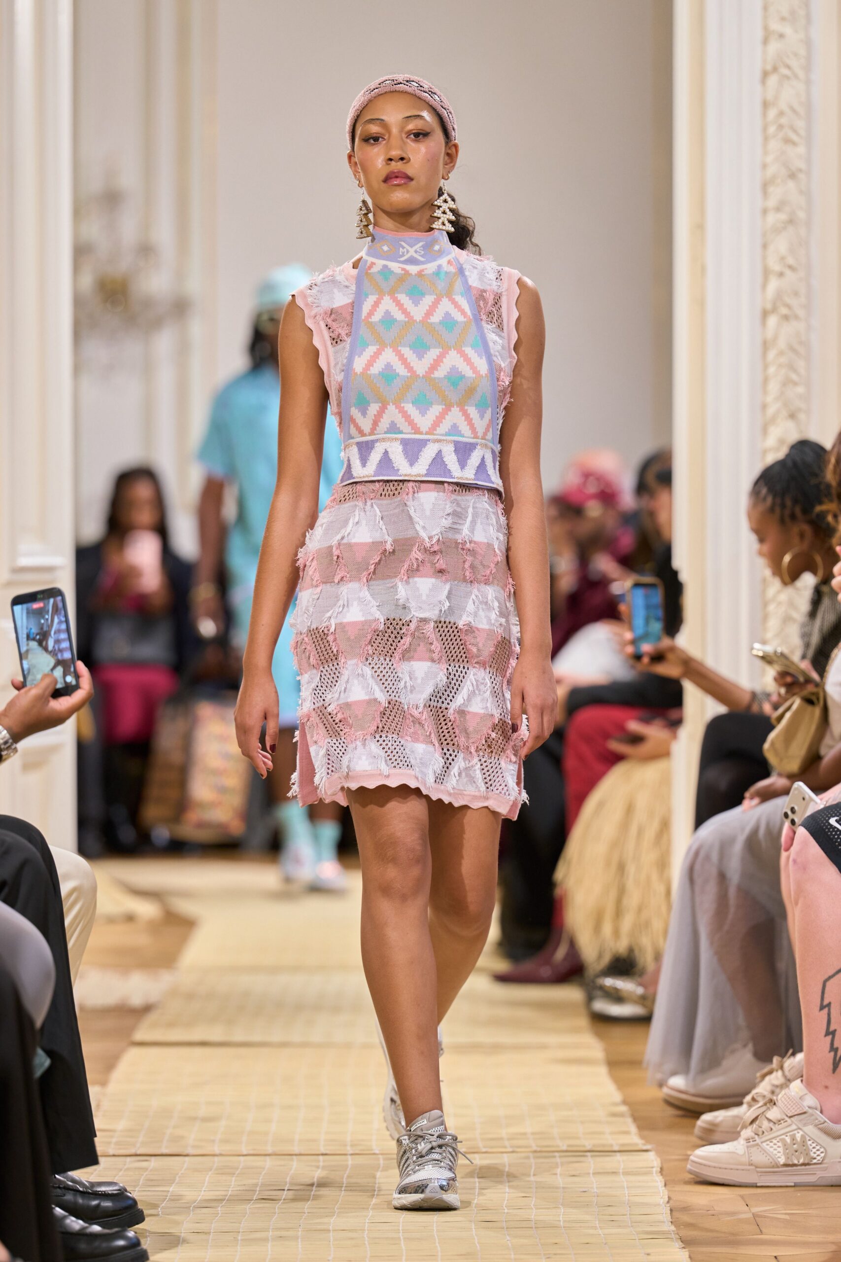 pink geometric knit mini dress