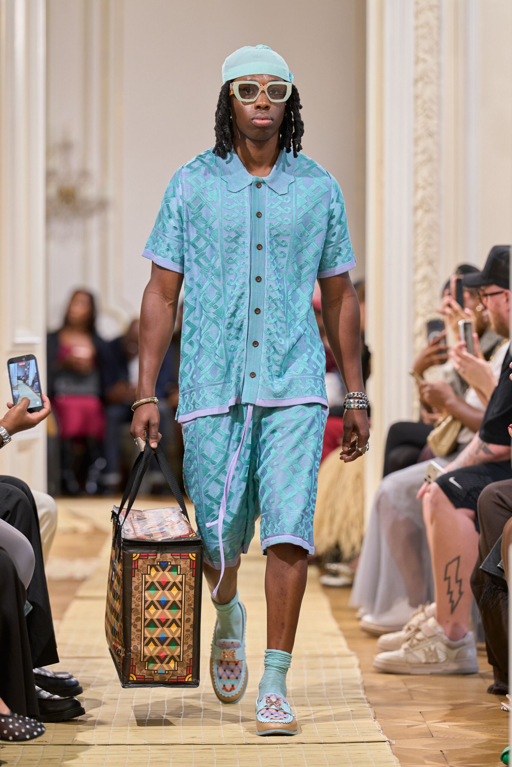 teal jacquard knit polo shirt