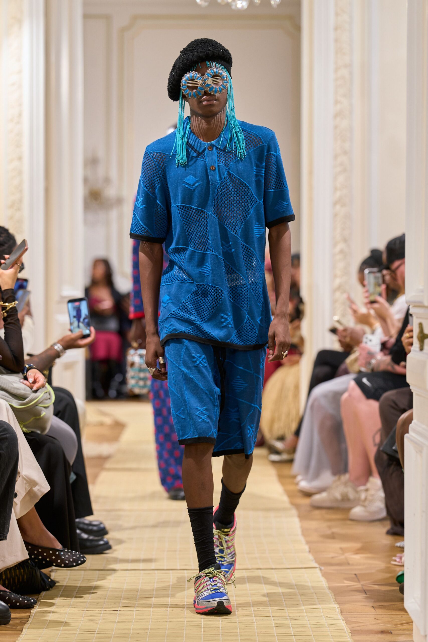 blue openwork knit polo shirt