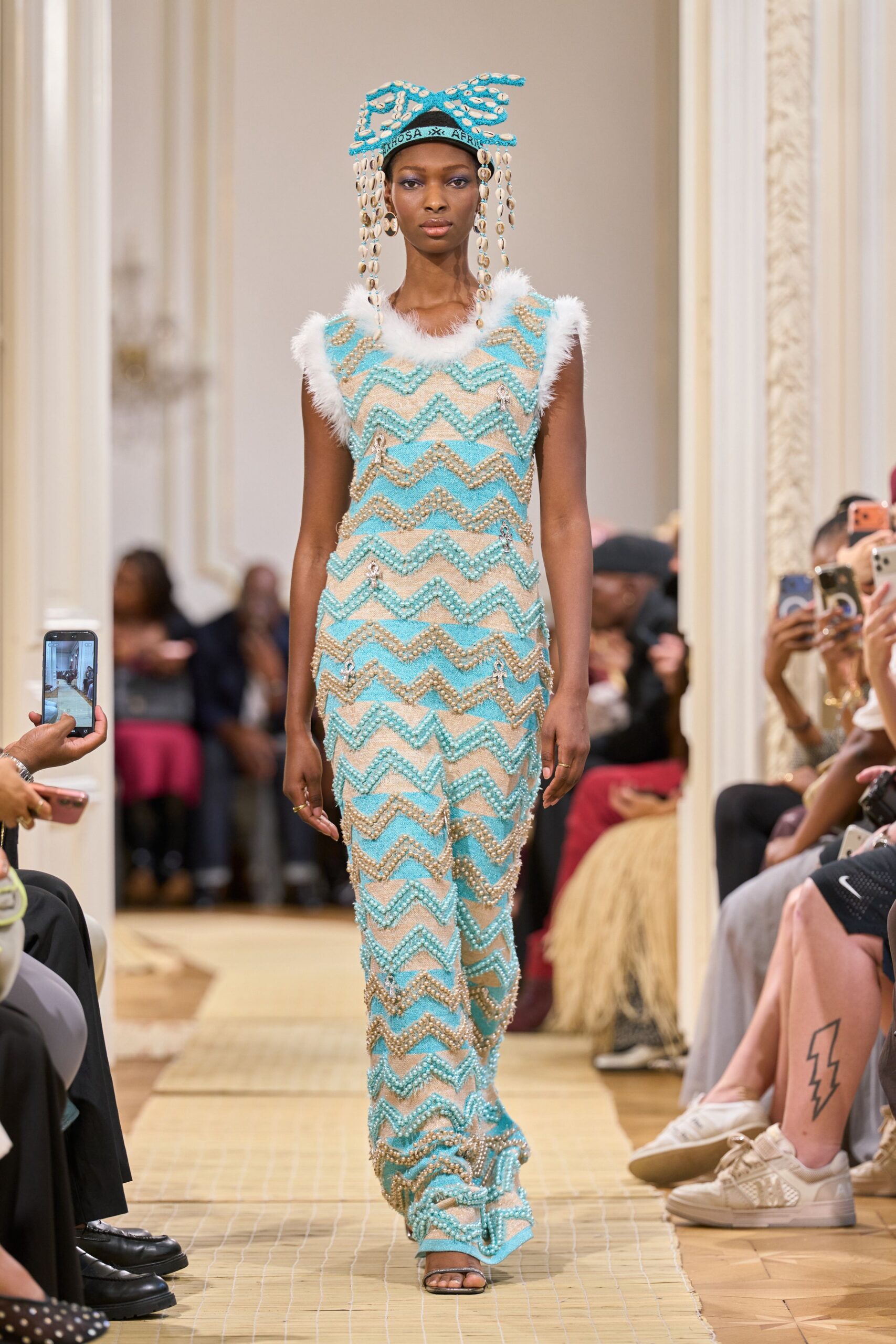 beaded zigzag feather-trim evening gown