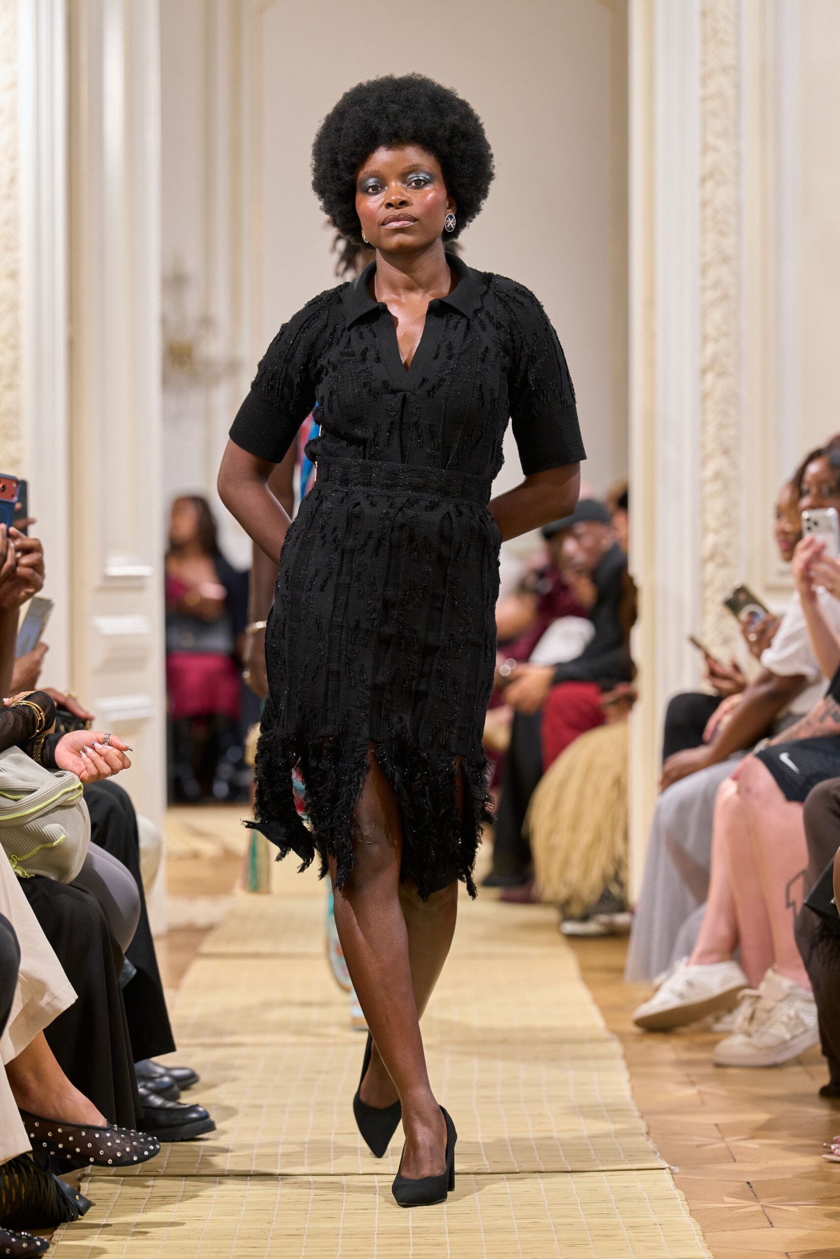 black fringed knit midi dress