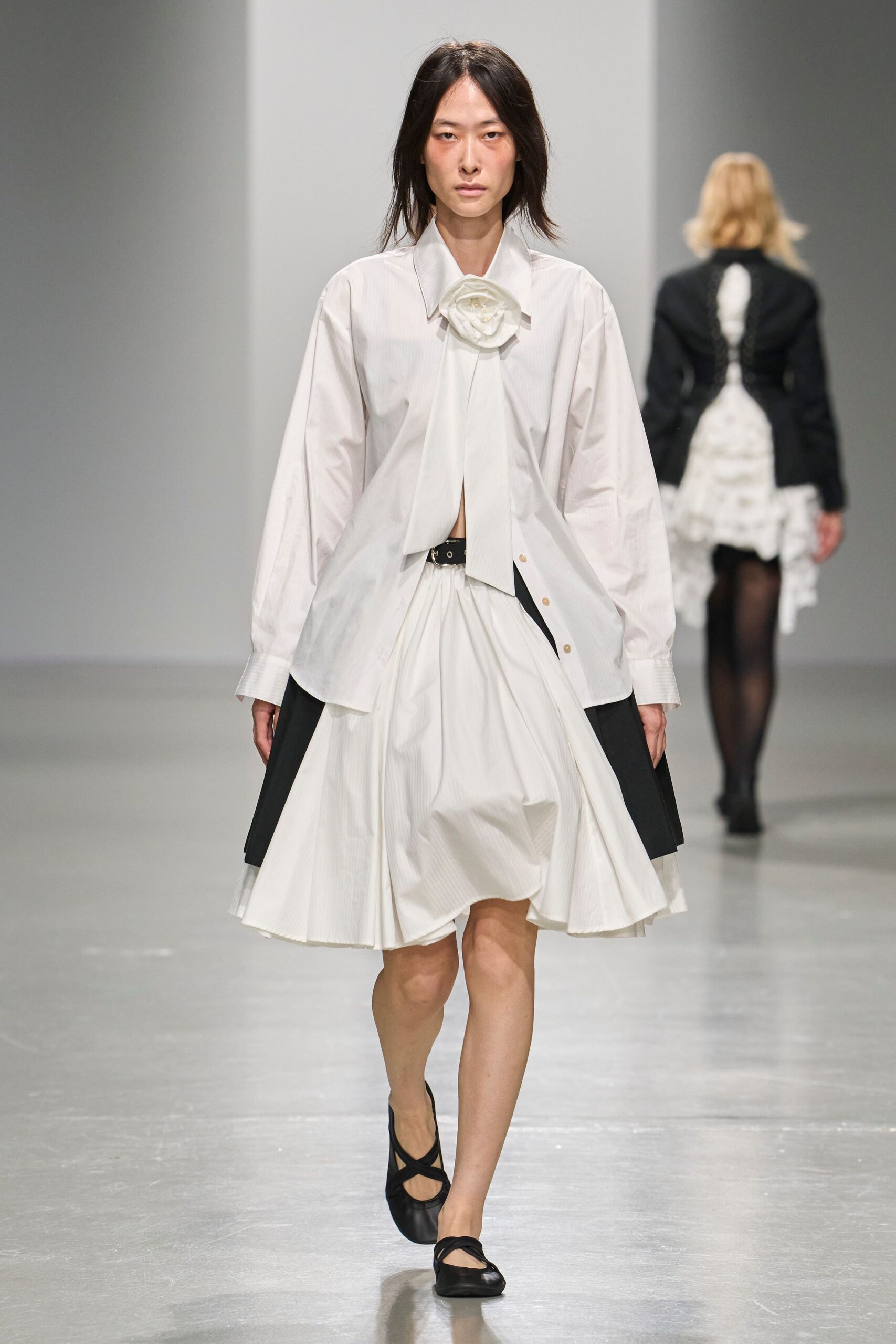 white rosette-neck oversized shirt