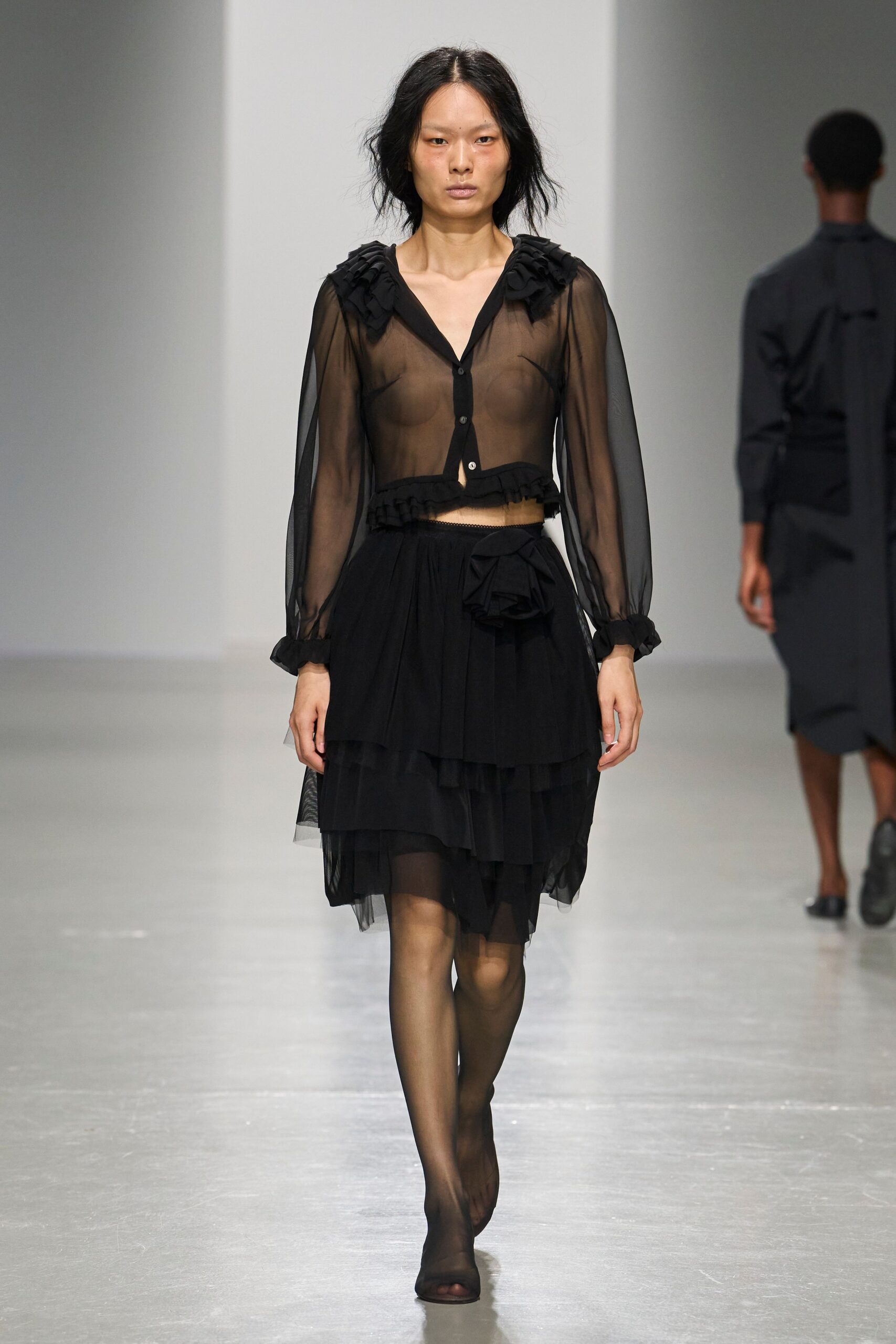 black chiffon asymmetric layered ruffled sheer flowing skirt