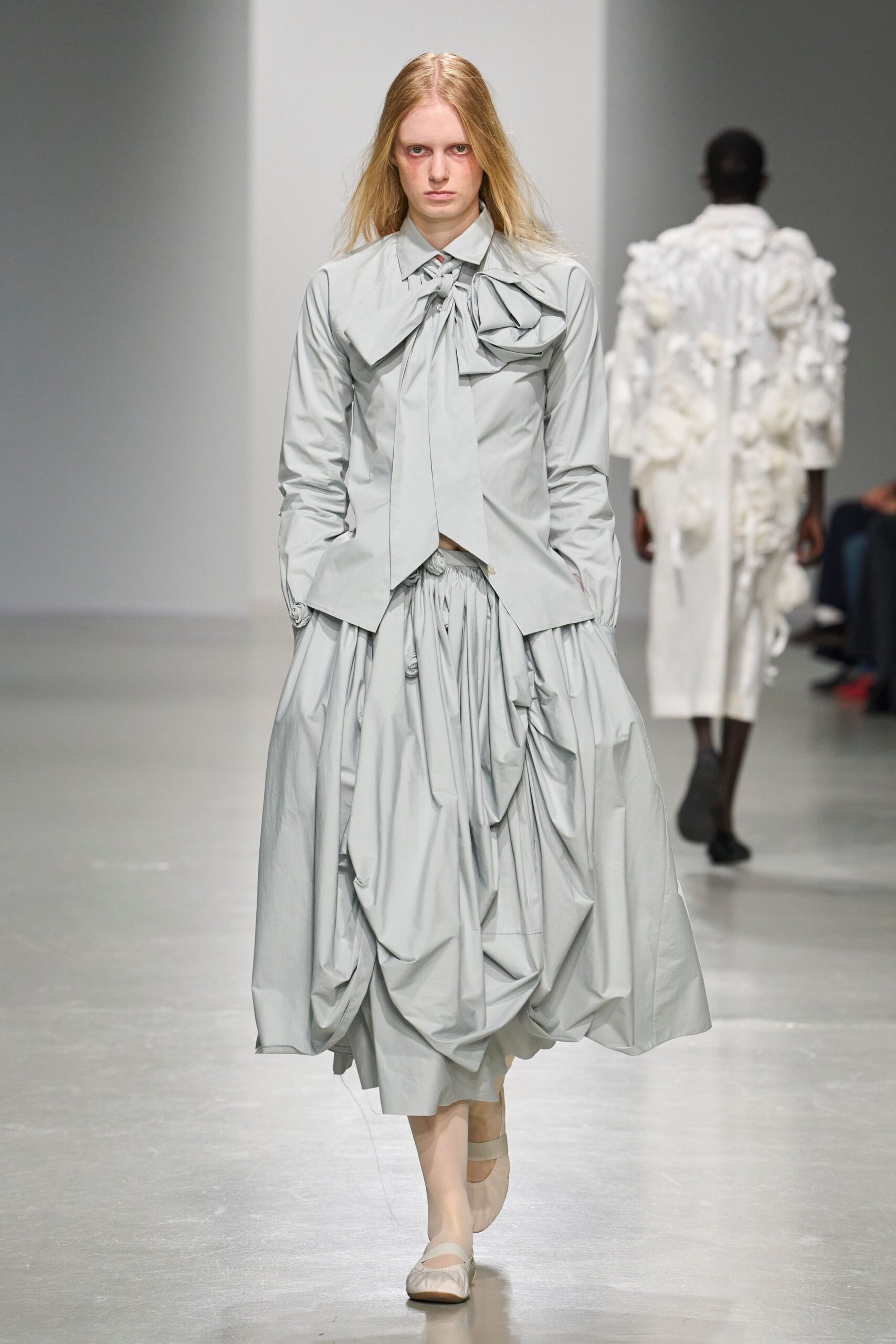 gray pussy-bow draped skirt set