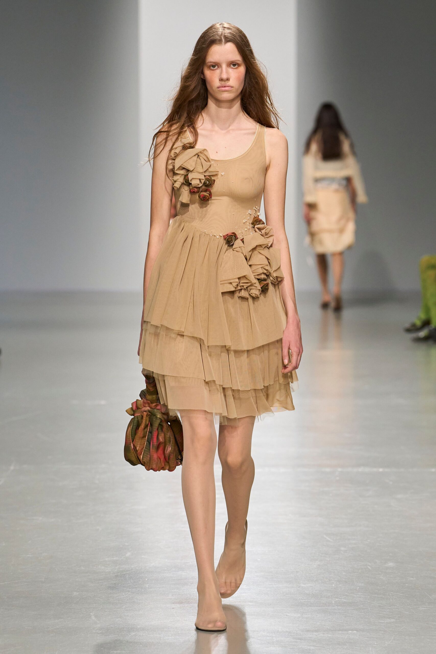beige rosette tulle cocktail dress