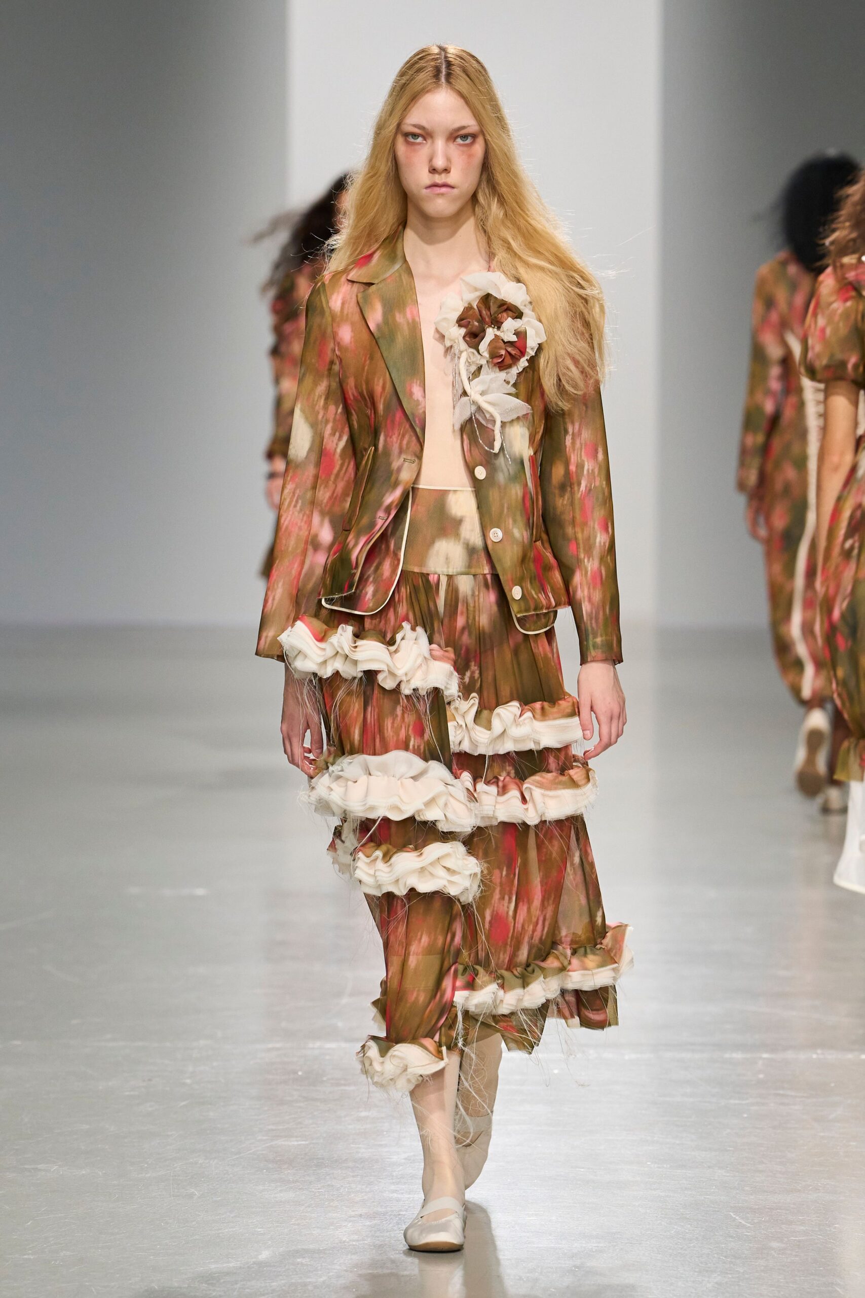 ruffled sheer printed skirt suit