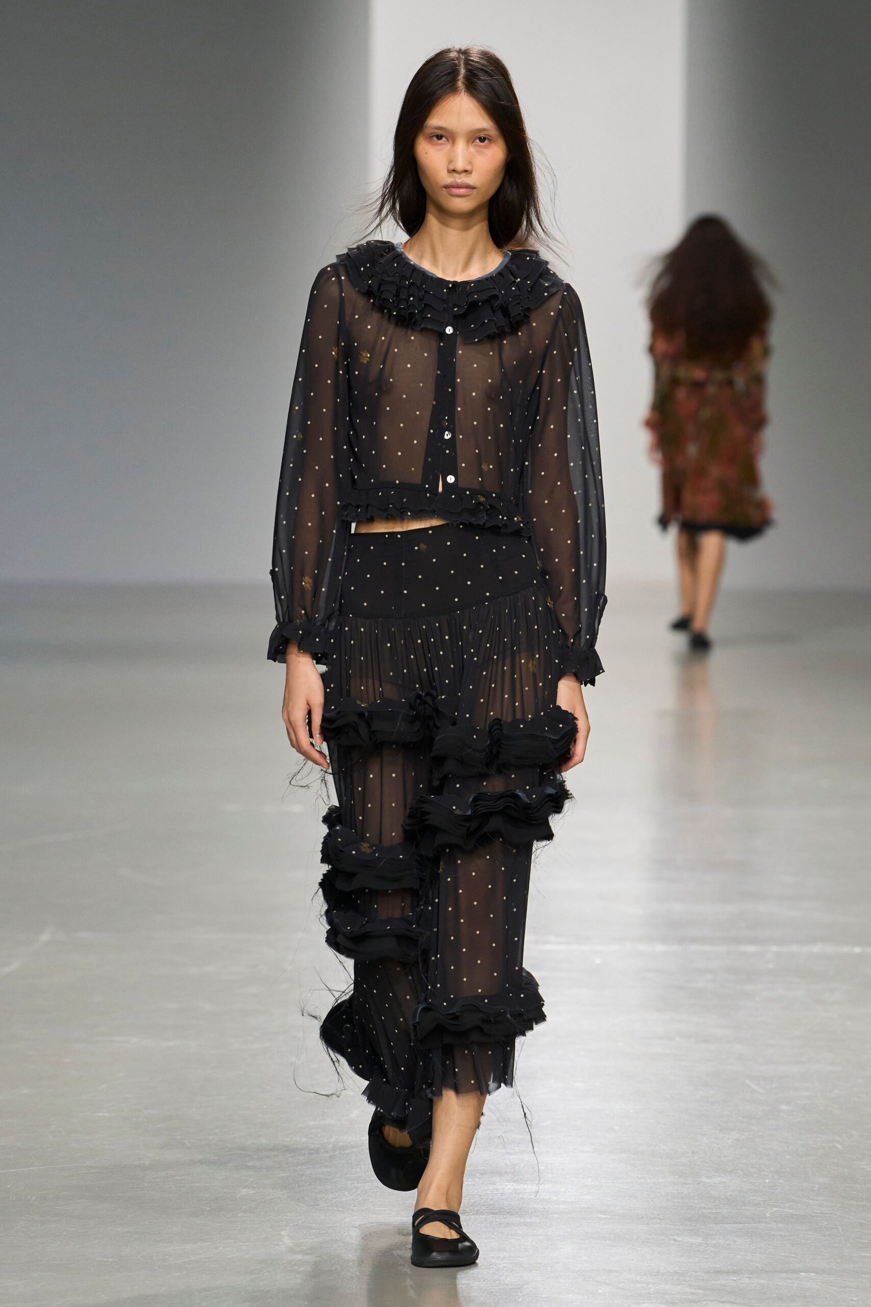 black chiffon asymmetric ruffled polka-dot sheer flowing skirt
