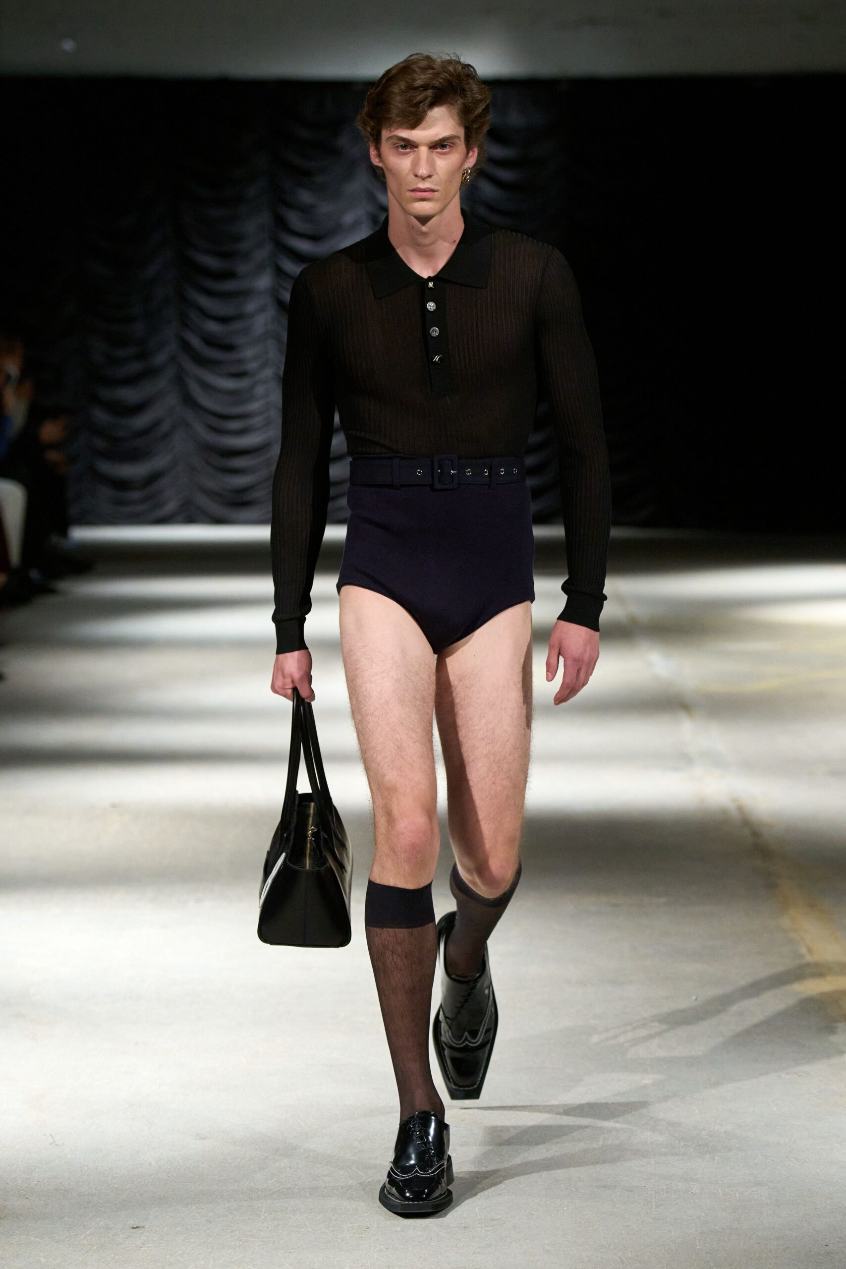 black knit long-sleeve collared fitted ribbed bodysuit