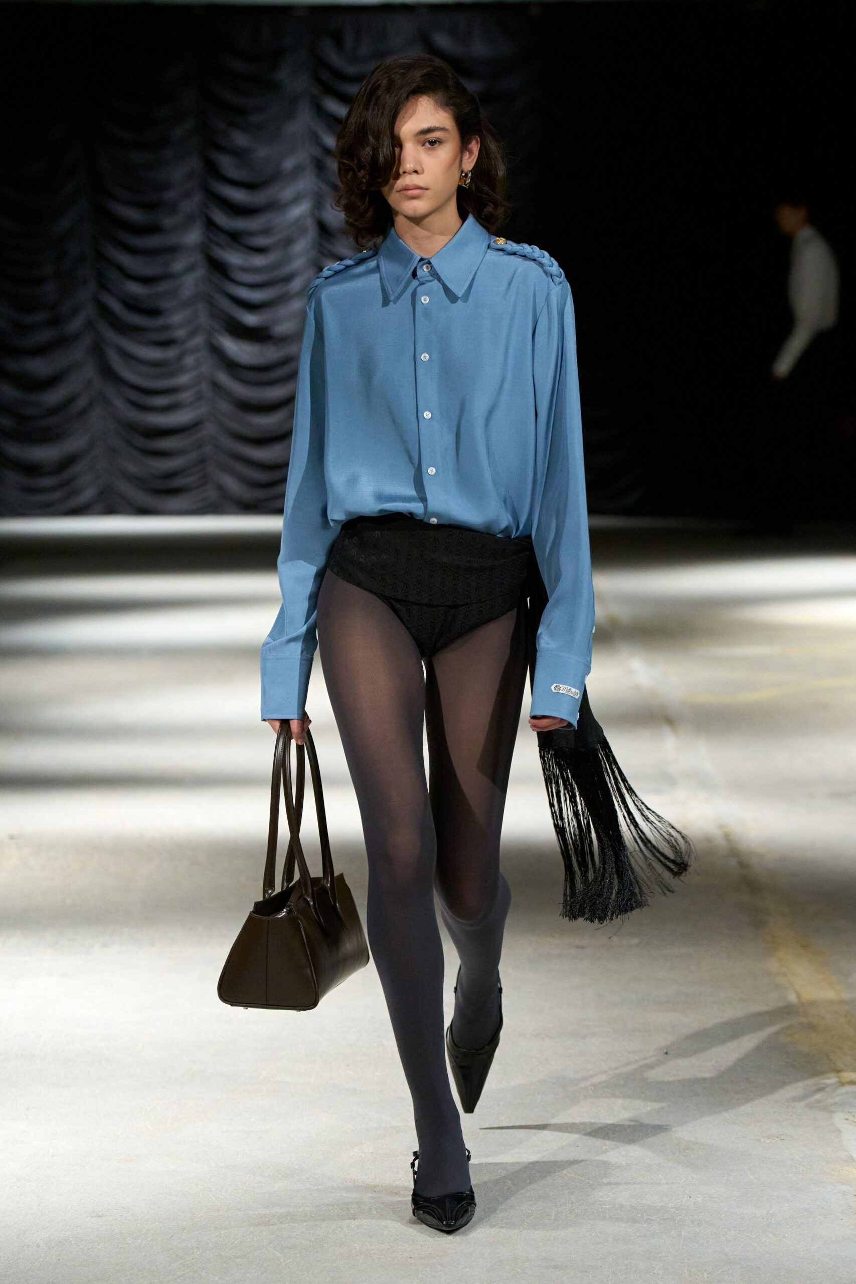 blue silk braided-shoulder shirt
