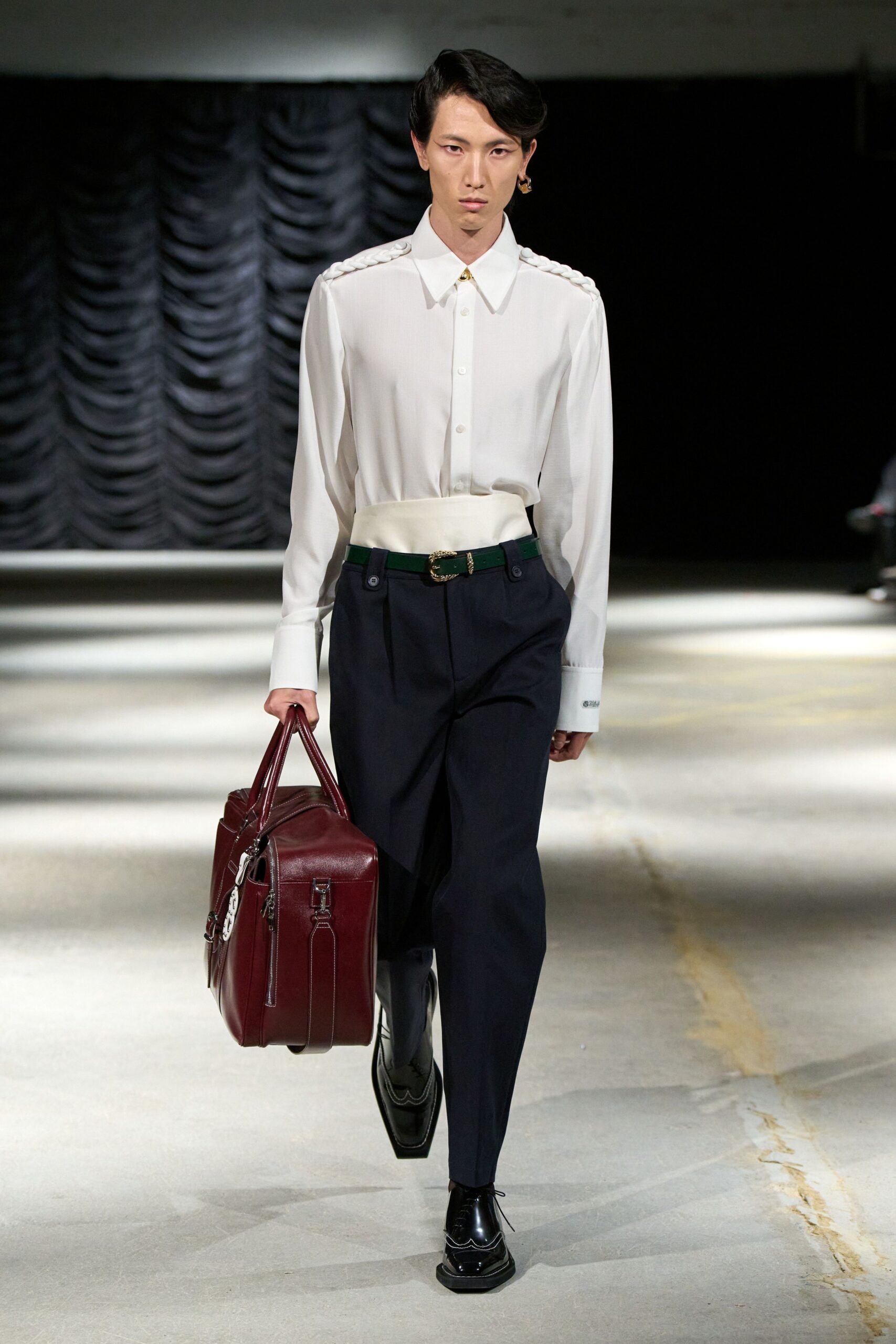 white braided-shoulder button-down shirt