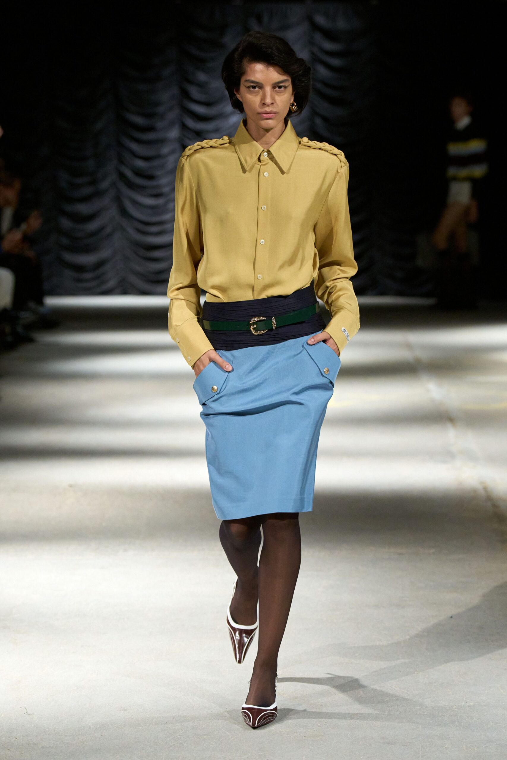 yellow silk shirt with braided shoulders