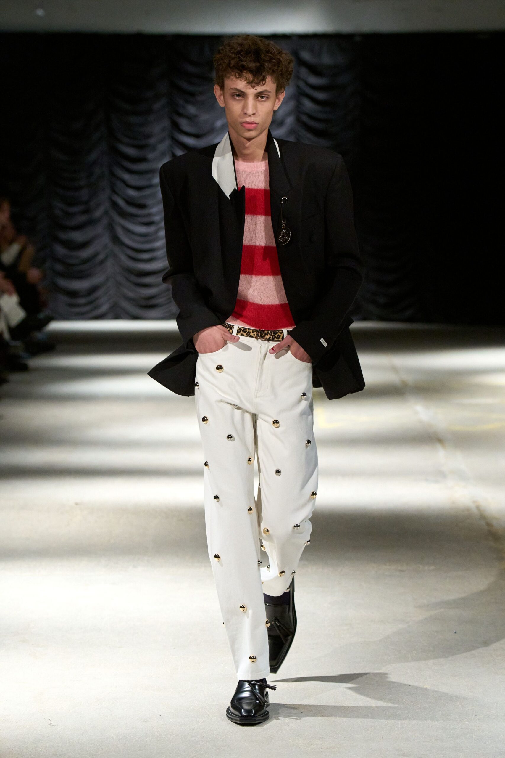 leopard belt with studded white trousers