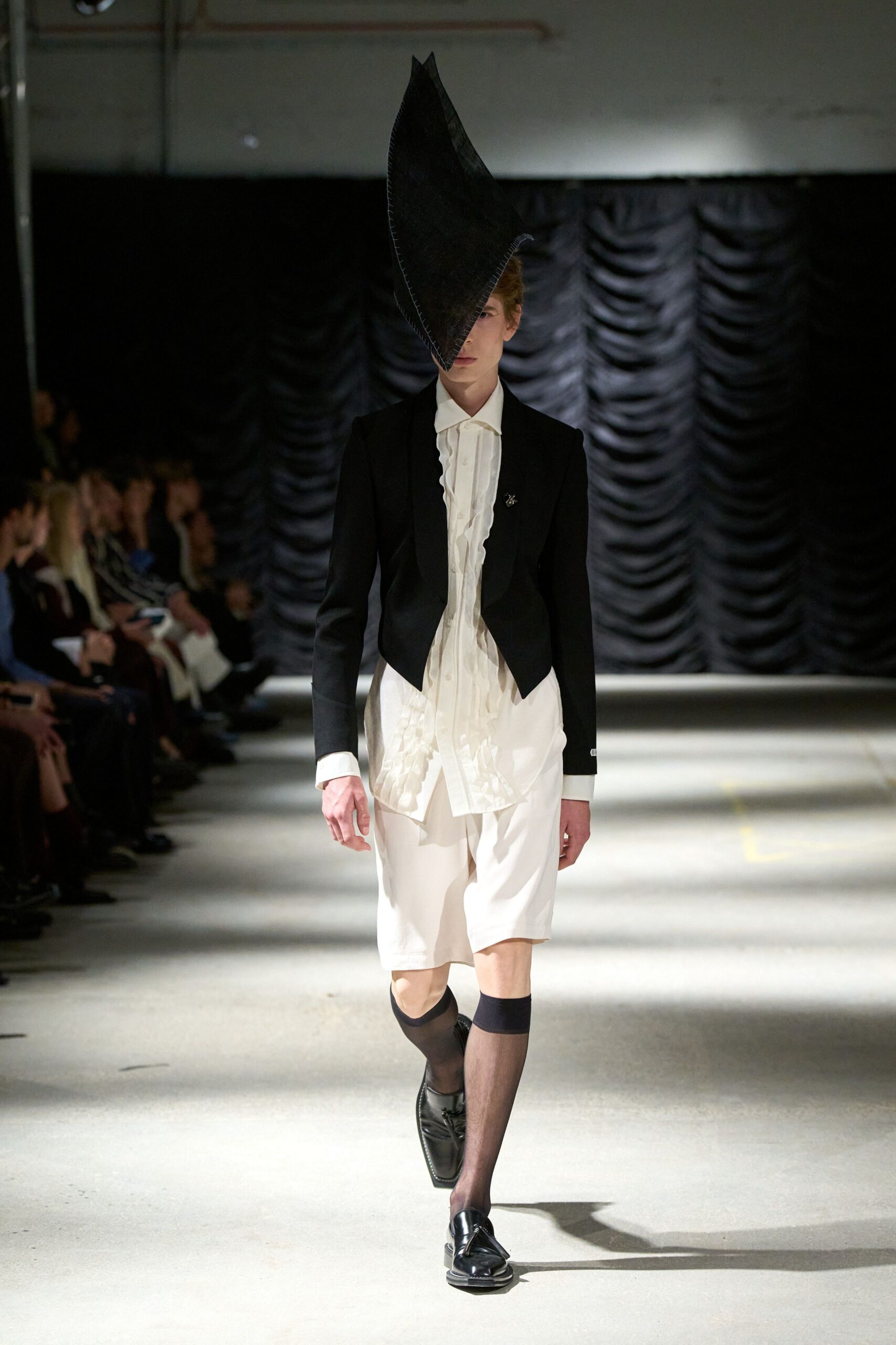 ruffle-front white shirt with cropped jacket