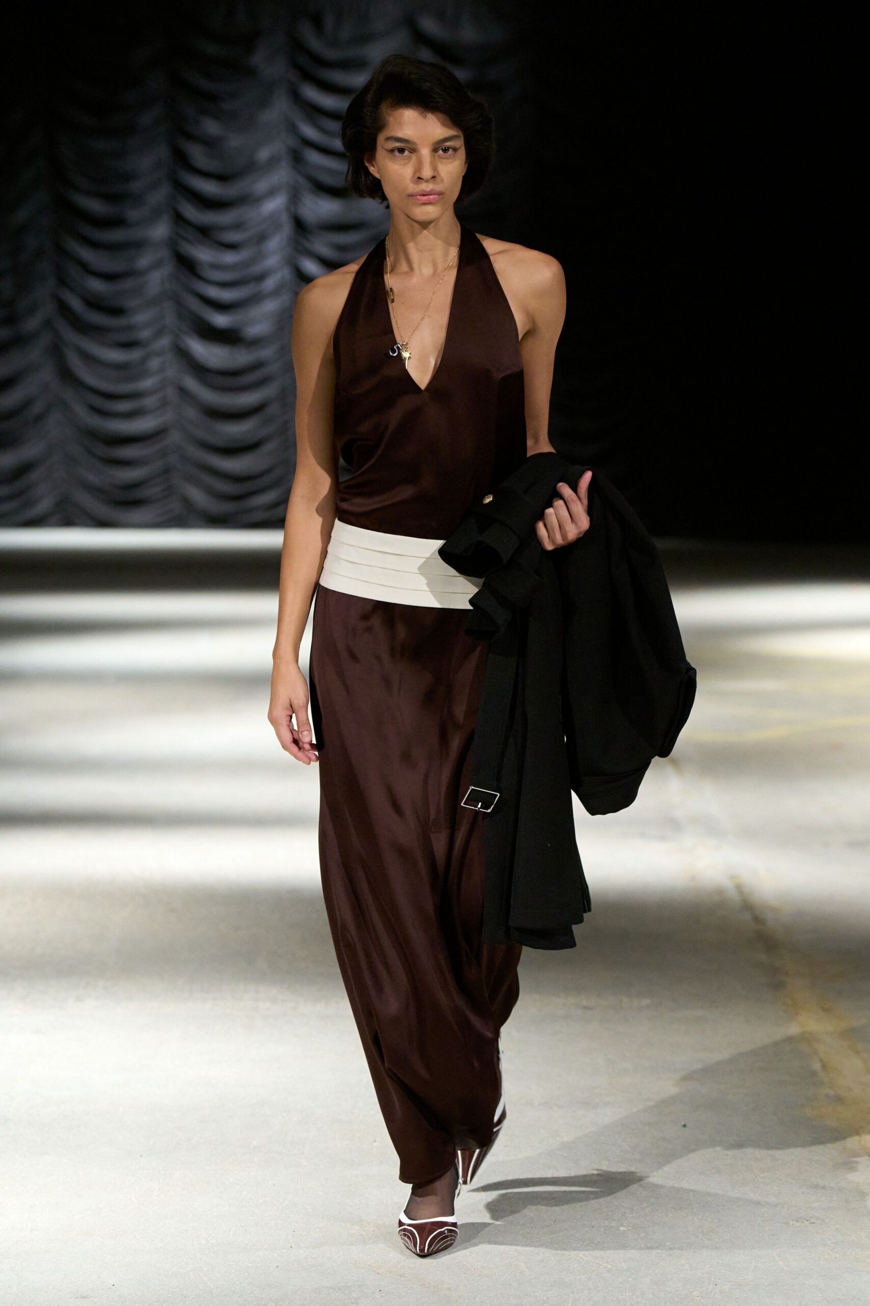 brown halter satin evening gown