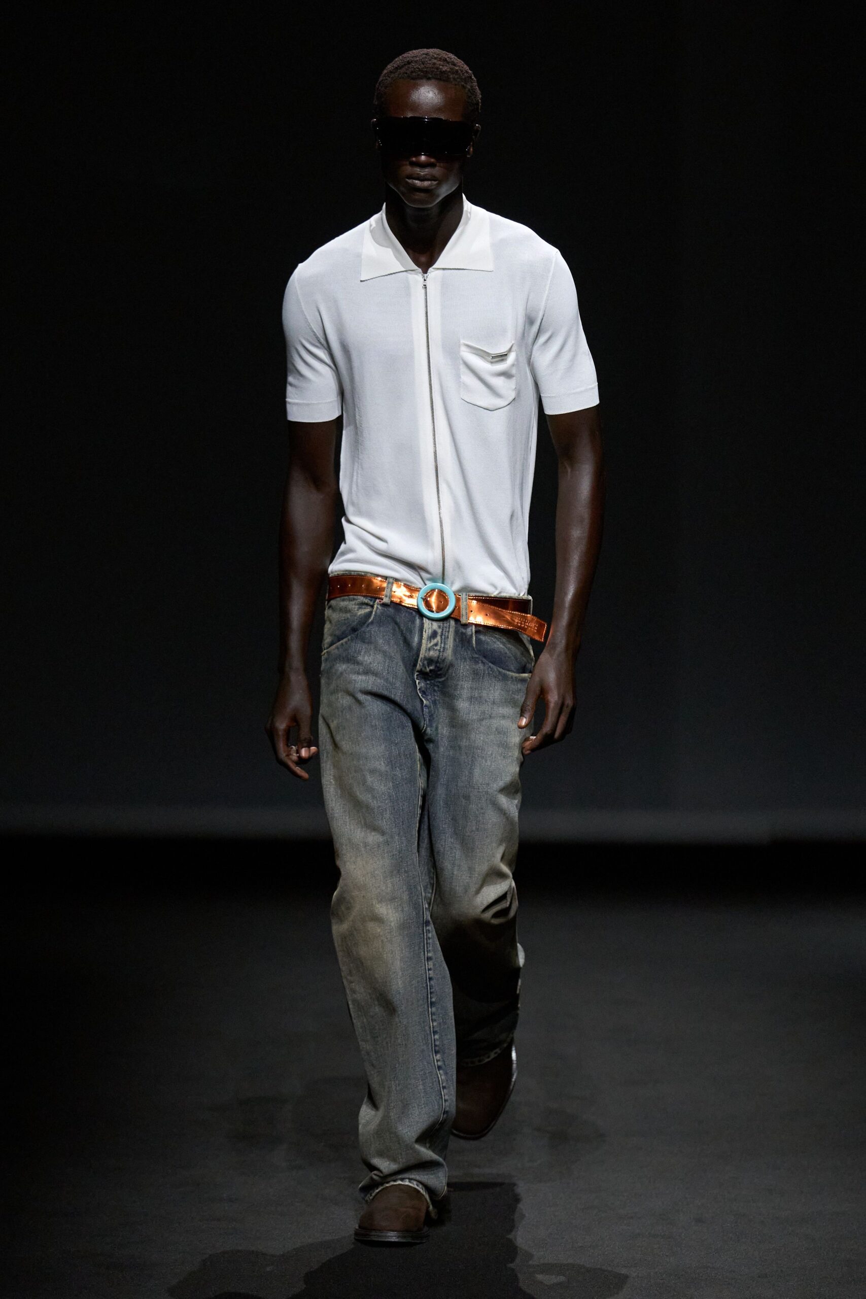 white zip-front knit polo shirt