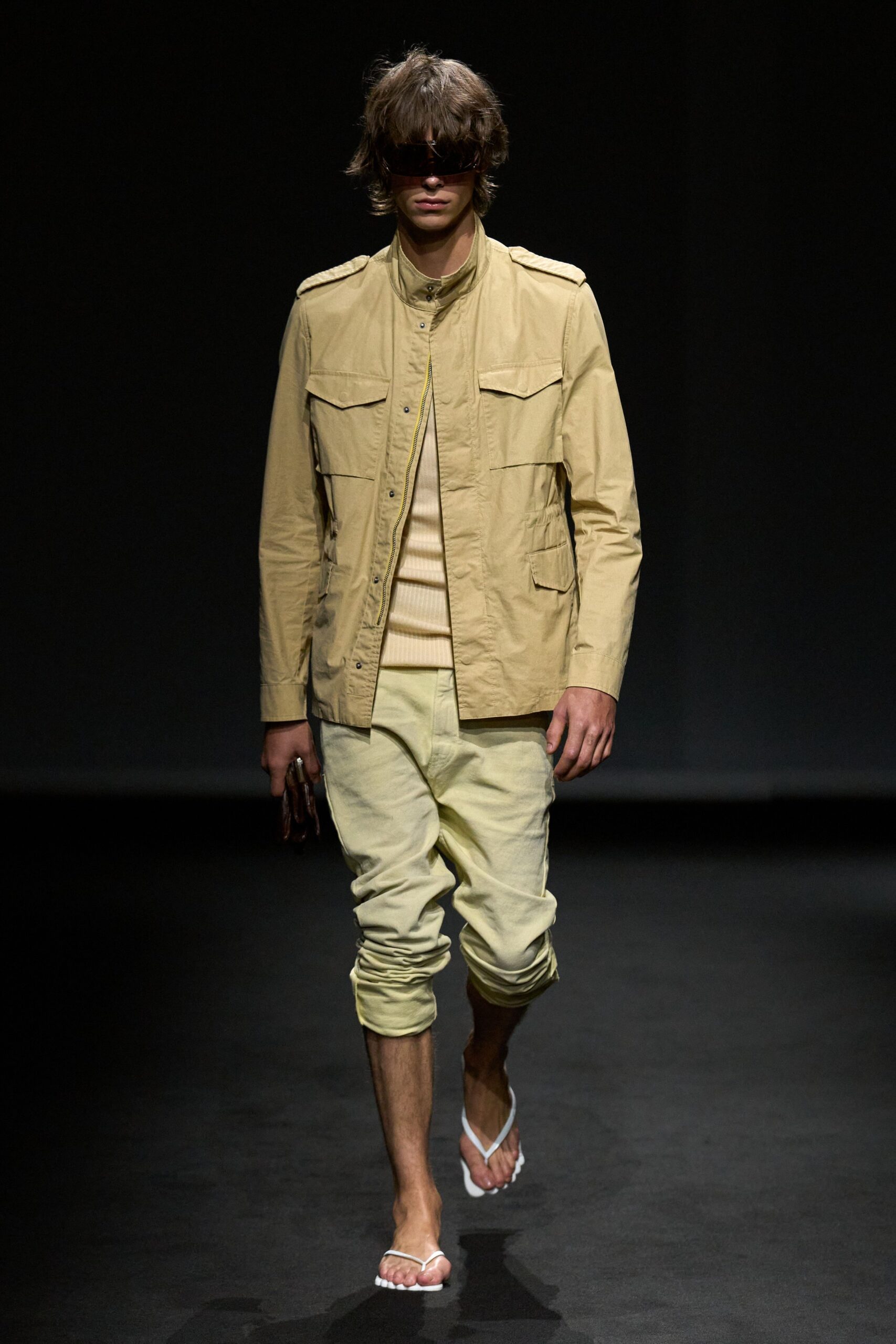 beige cotton long-sleeve high-neck relaxed zippered pockets jacket