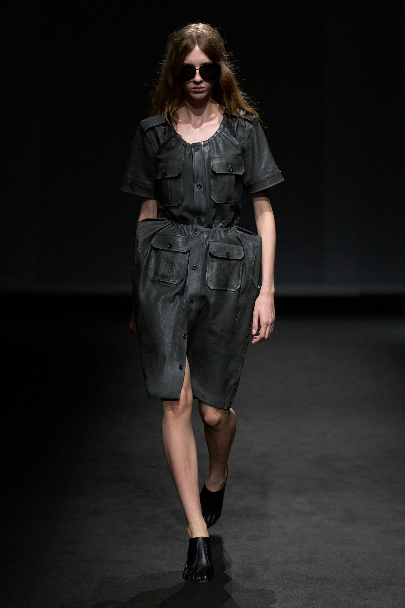 black leather utility midi dress