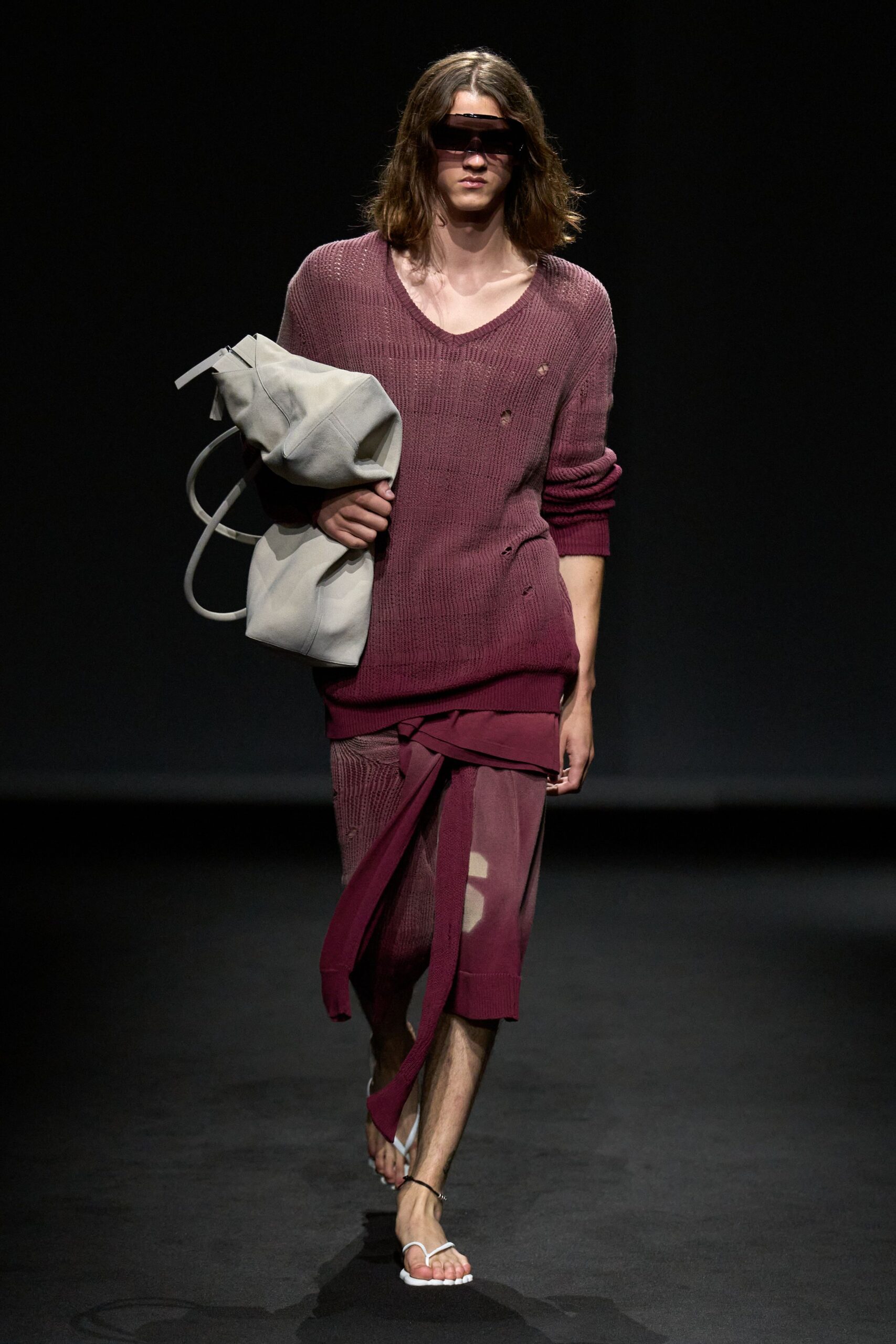 distressed open-knit v-neck sweater
