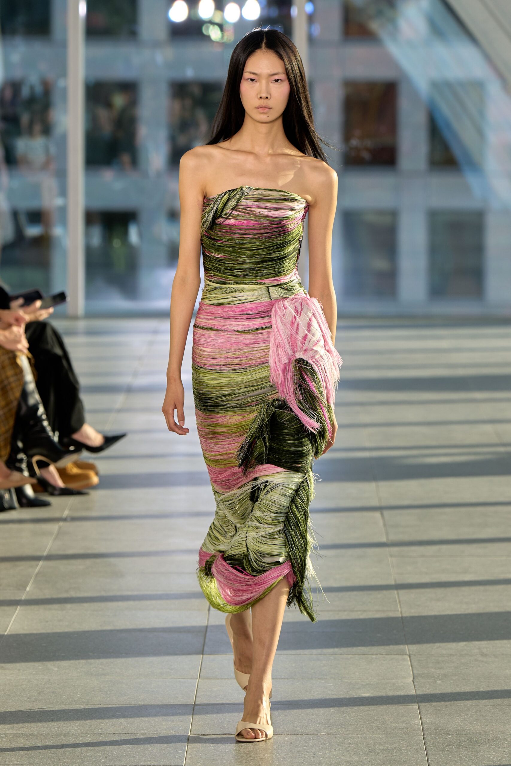 multi strapless asymmetric fitted fringed ruched textured gown