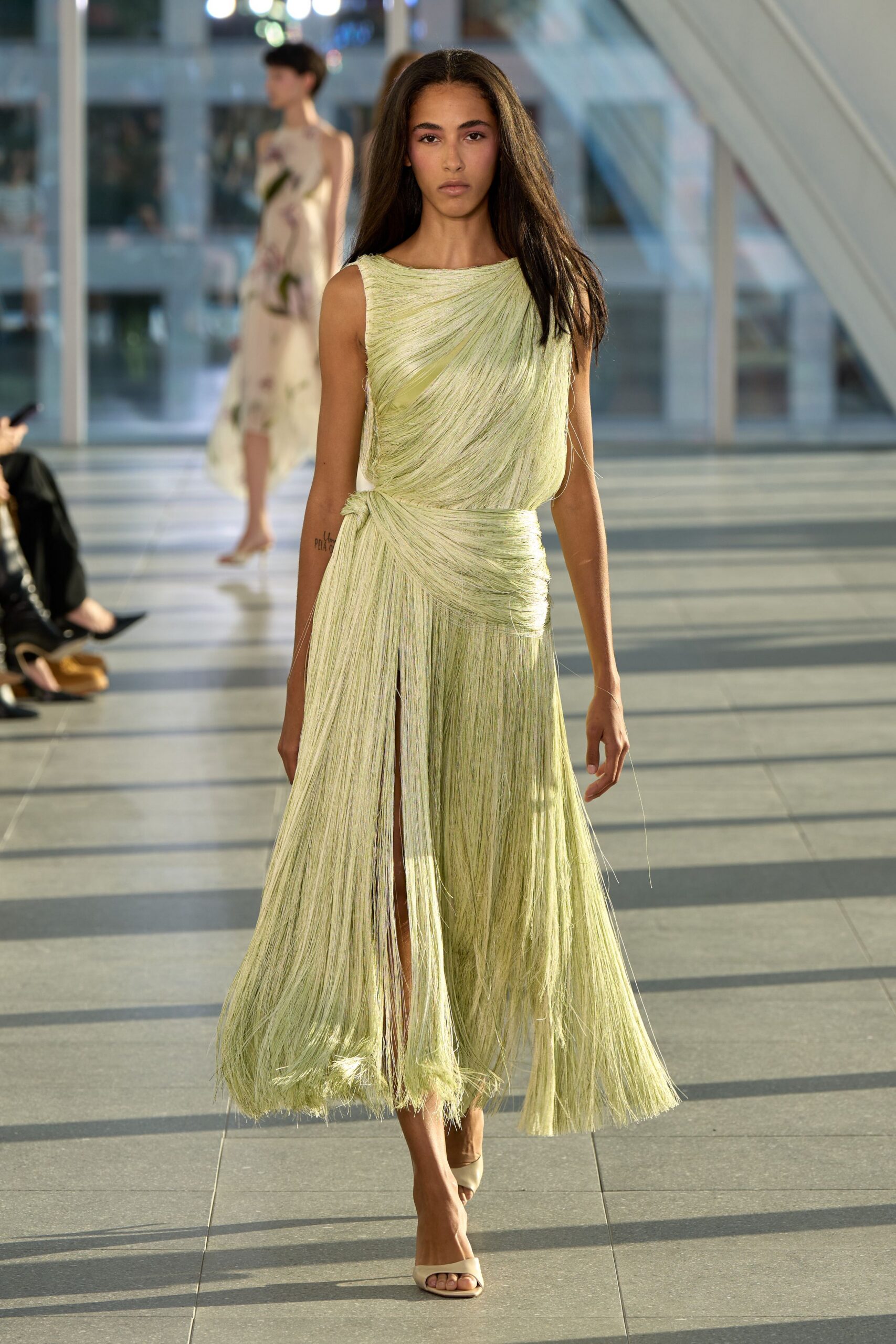 green unknown sleeveless boat-neck draped knotted gown