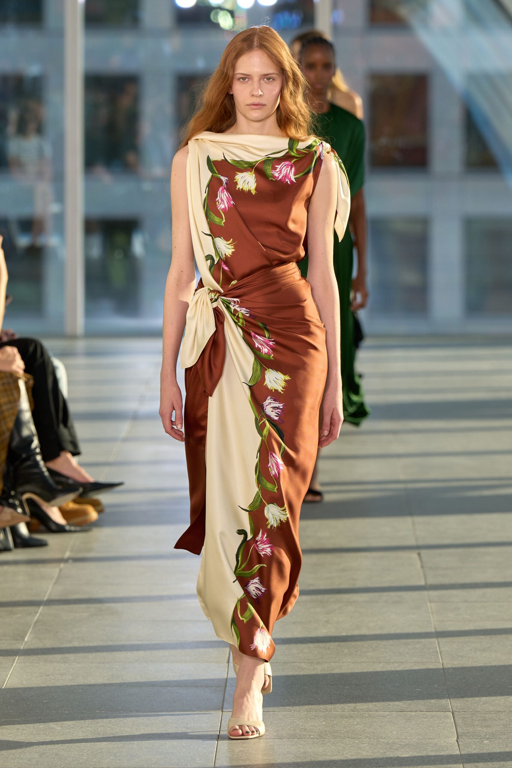 brown satin sleeveless asymmetric fitted floral draped gown