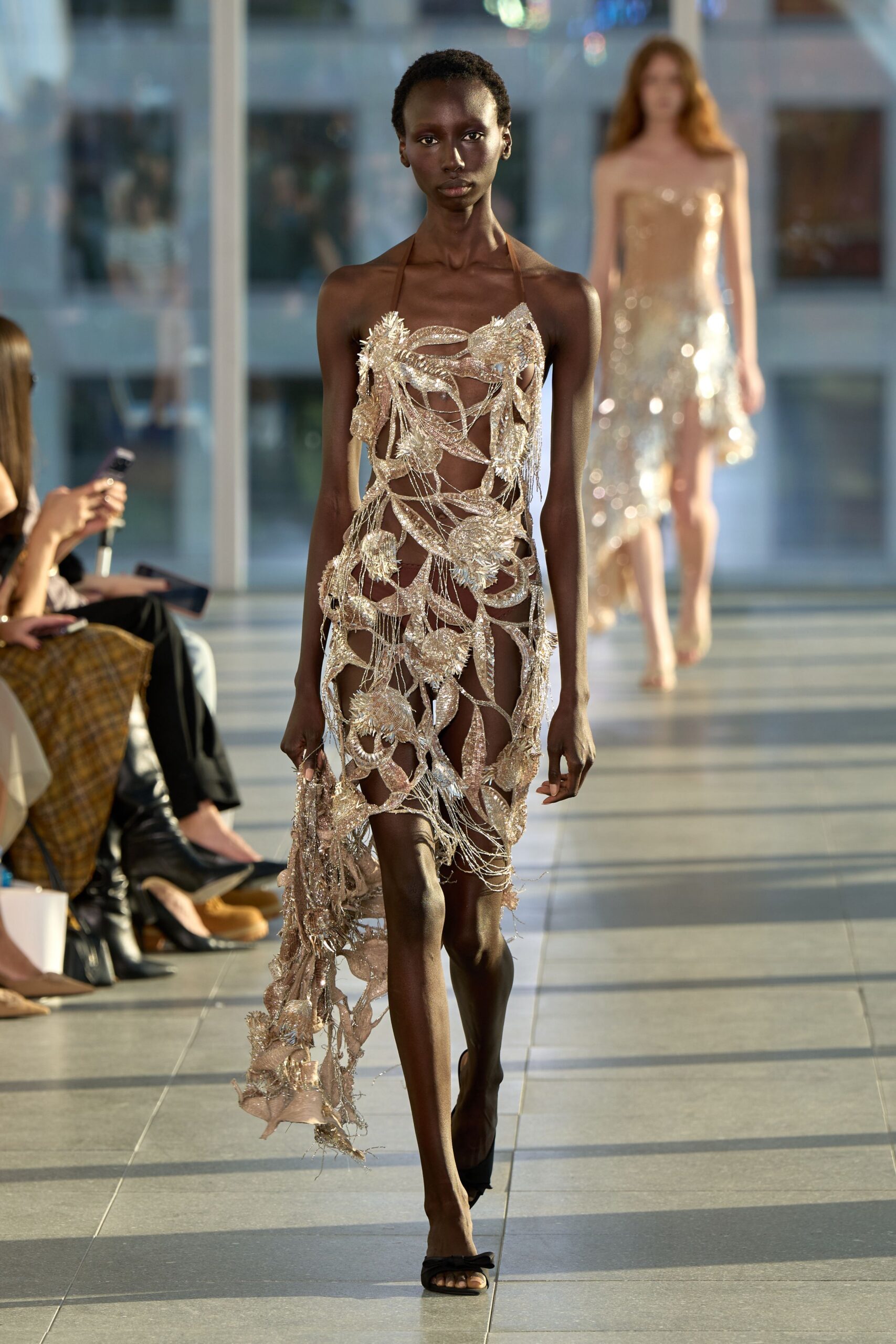 champagne sequin halter backless embellished feathered gown
