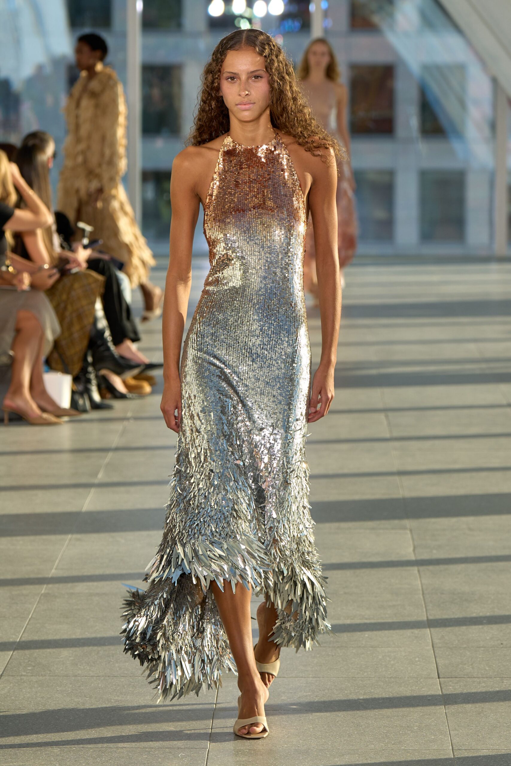 gray sequin halter sleeveless fitted embellished fringed gown