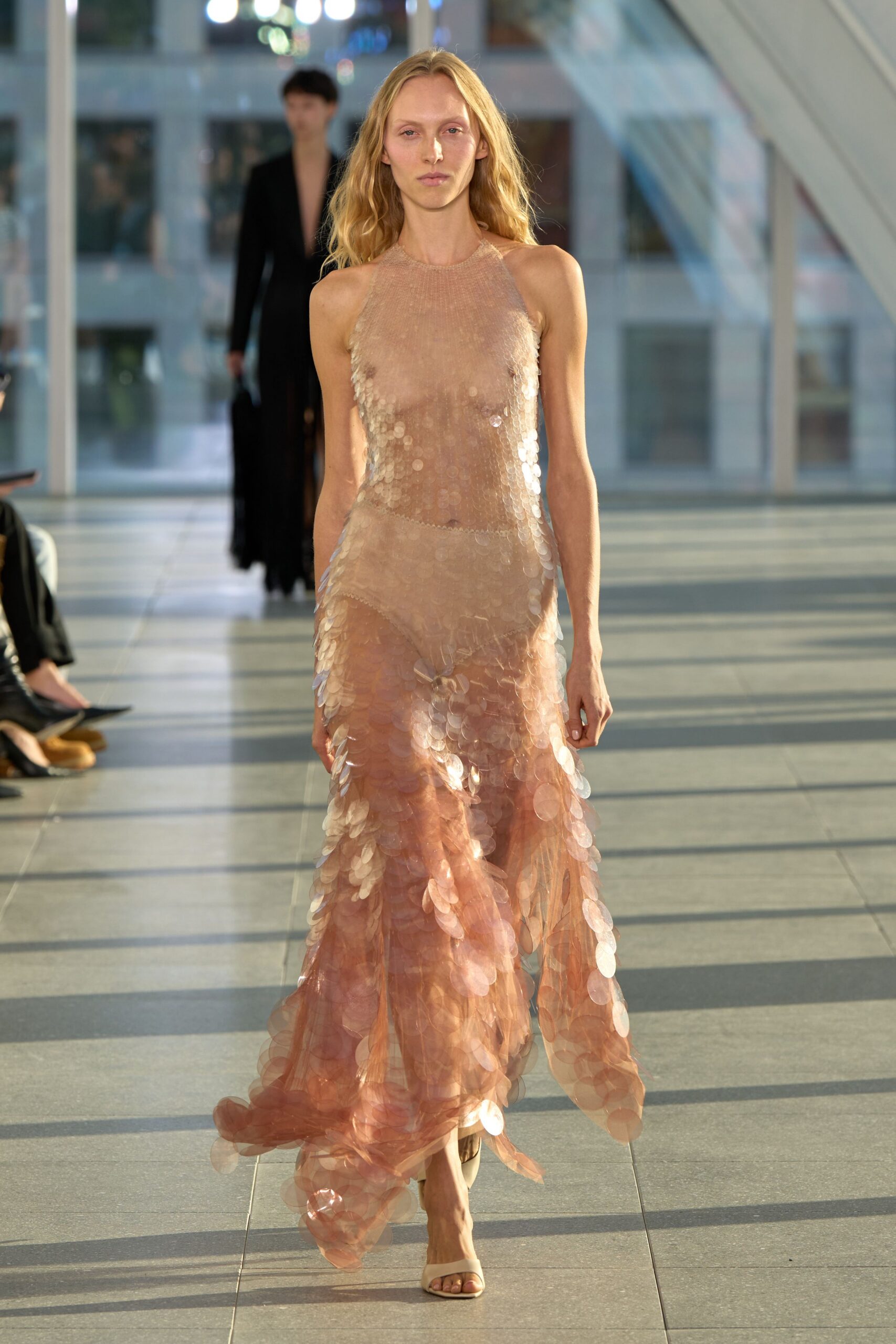 pink sequin halter high-neck fitted embellished layered gown