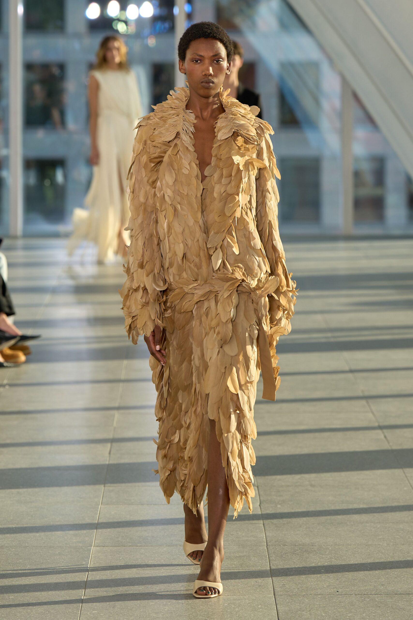 beige feather long-sleeve low-cut feathered textured maxi gown
