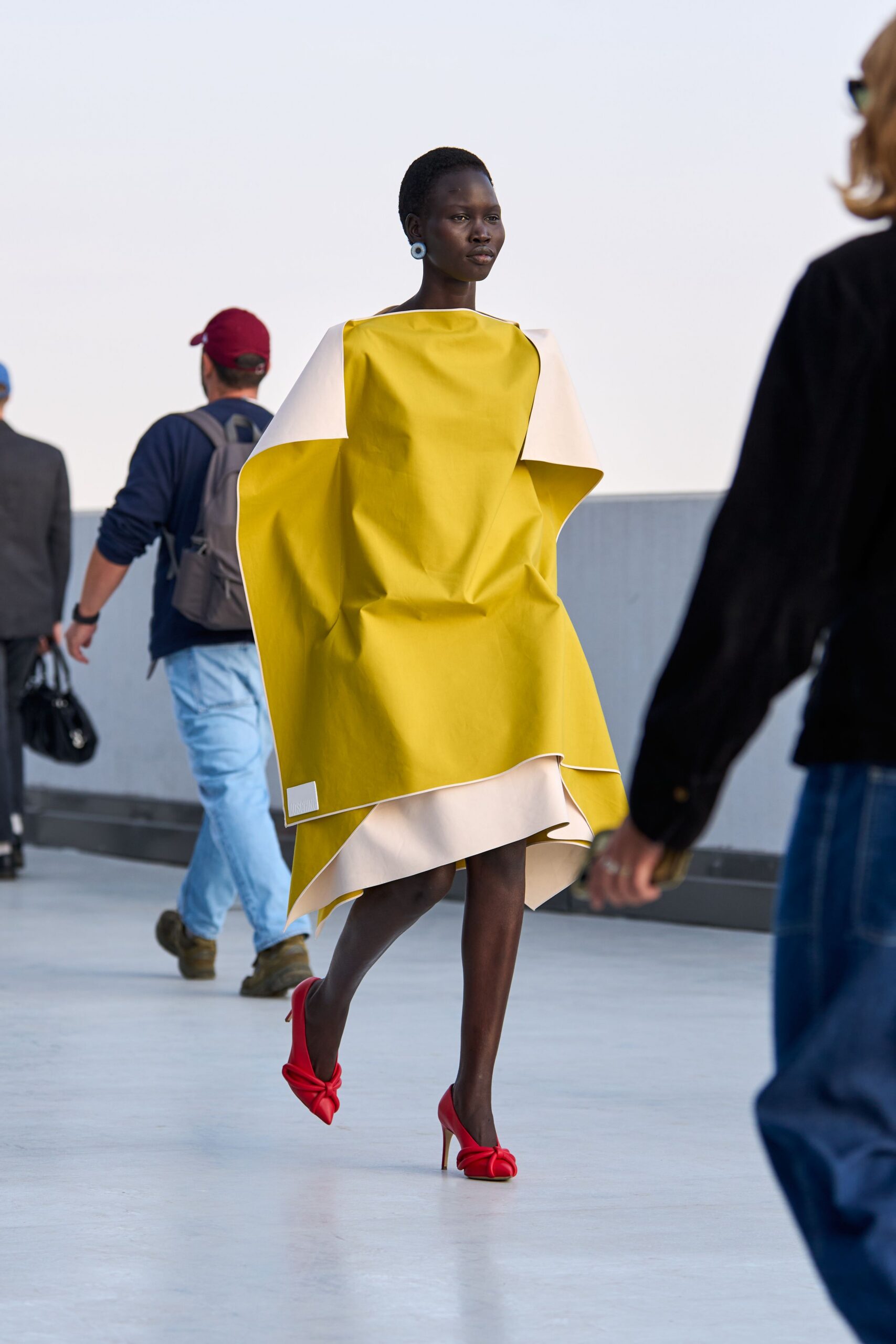 yellow unknown sleeveless boat-neck draped textured mini dress