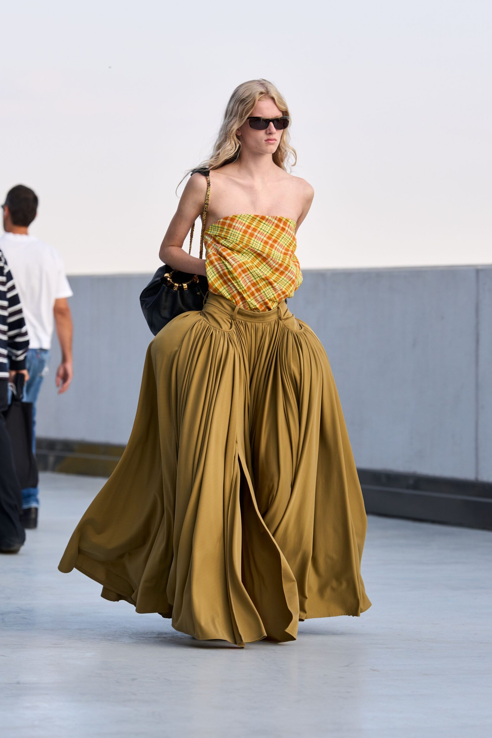 yellow unknown strapless checked draped top