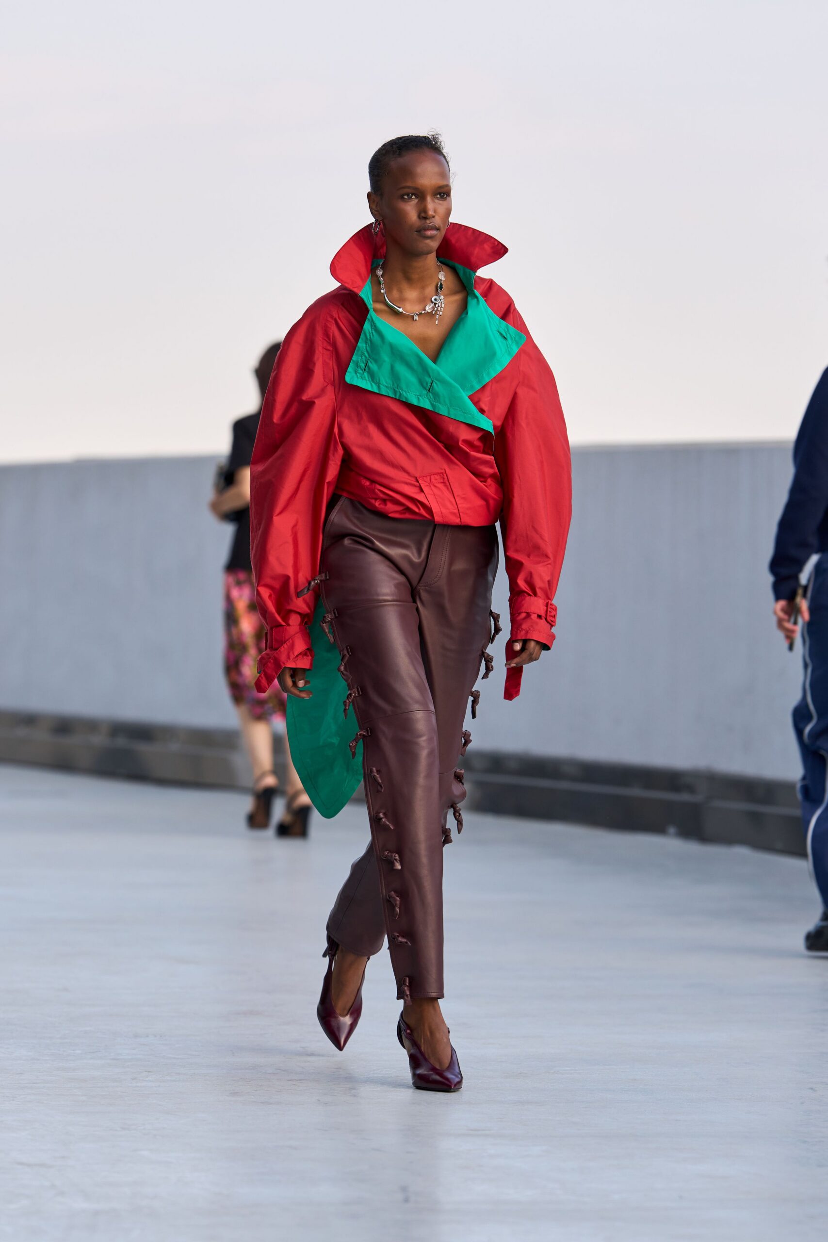 red nylon long-sleeve collared oversized color-blocked shiny jacket
