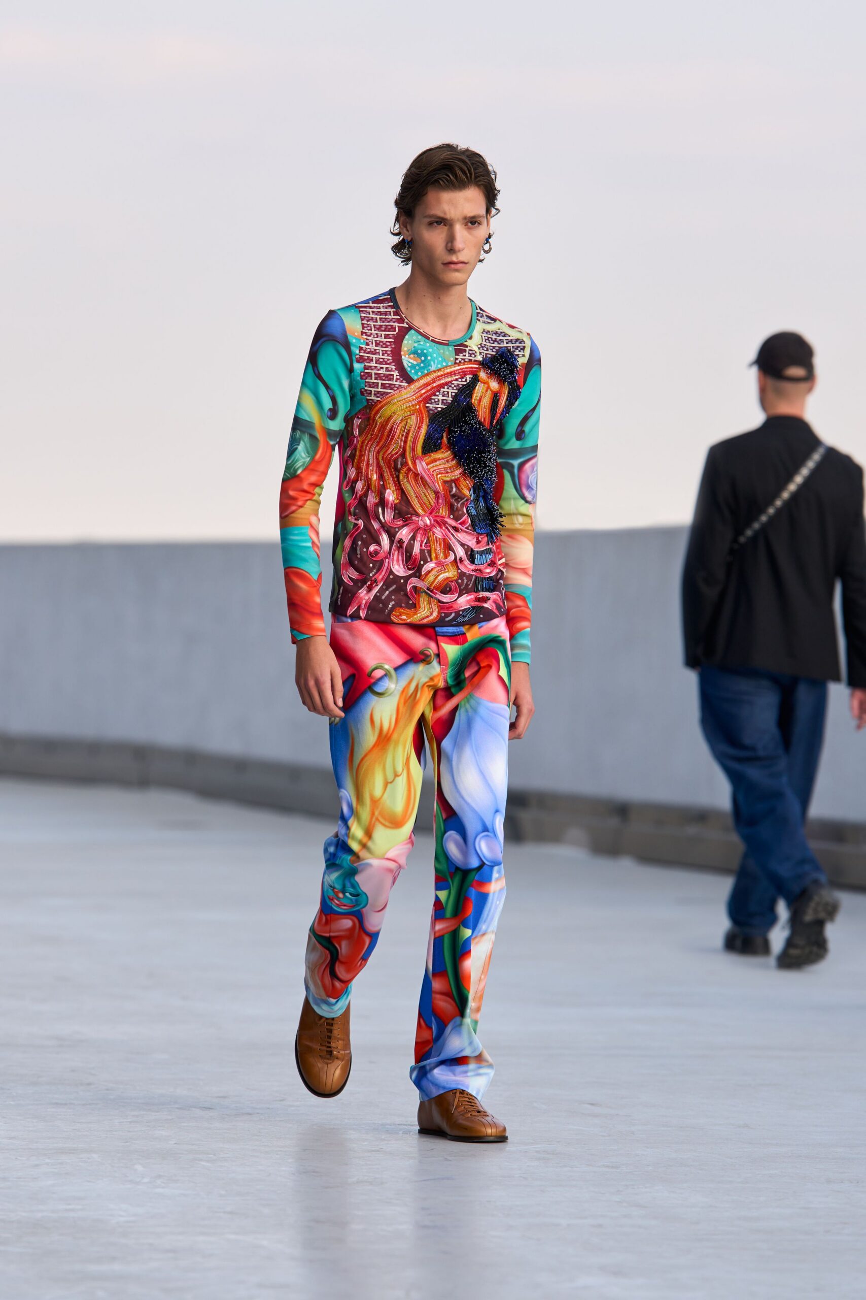 beaded toucan print long-sleeve top