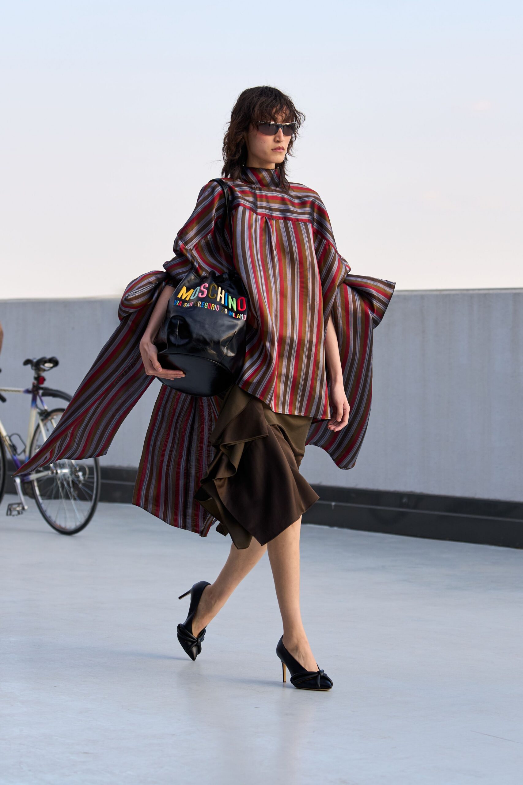multi satin high-neck asymmetric oversized striped draped top