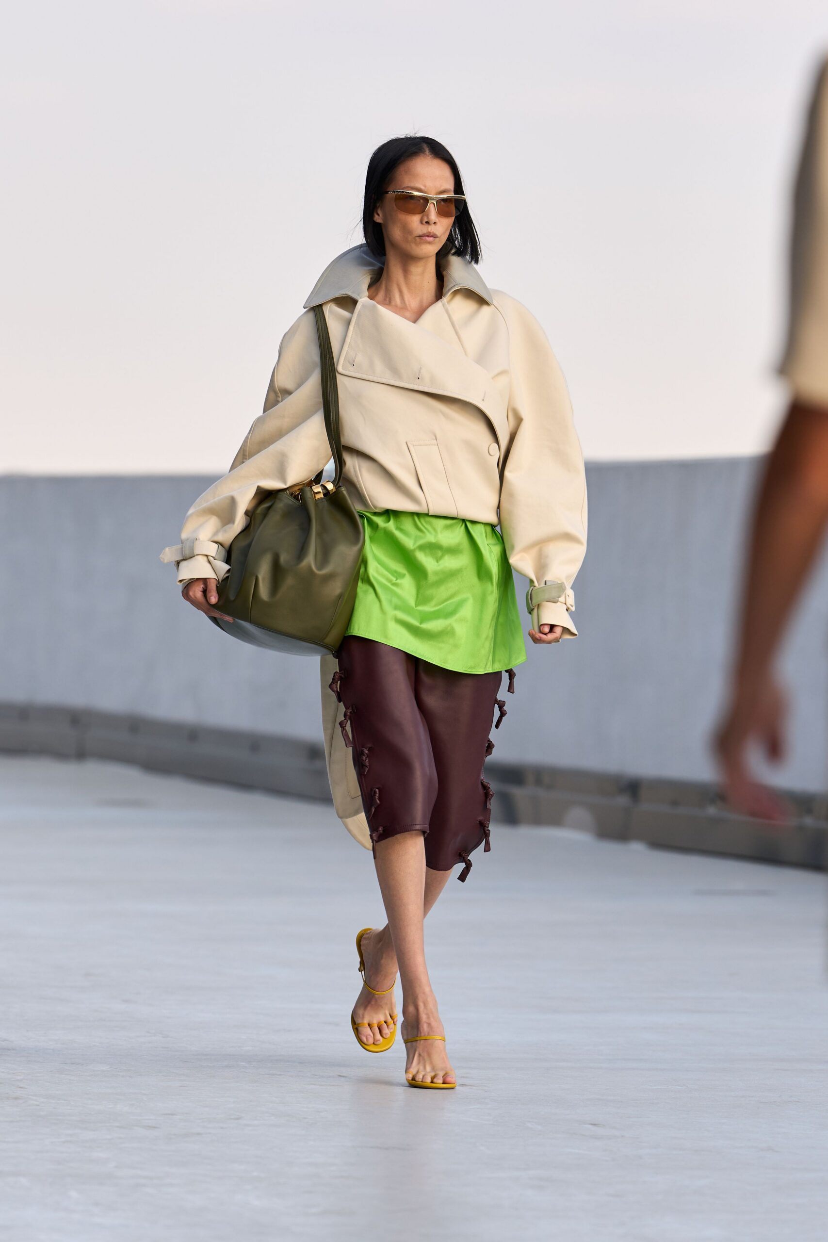 ivory leather long-sleeve collared oversized cropped jacket