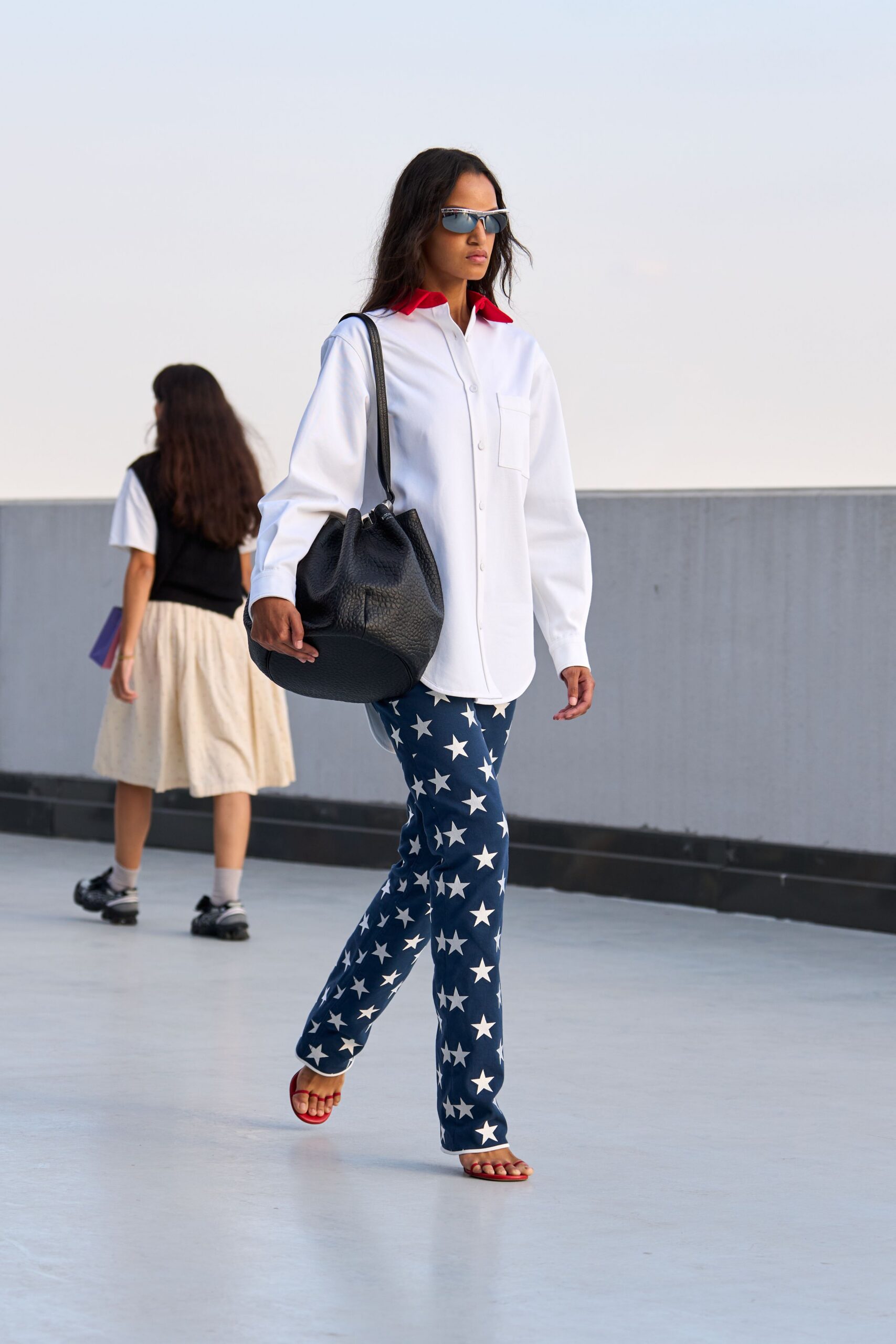 star-print blue pants