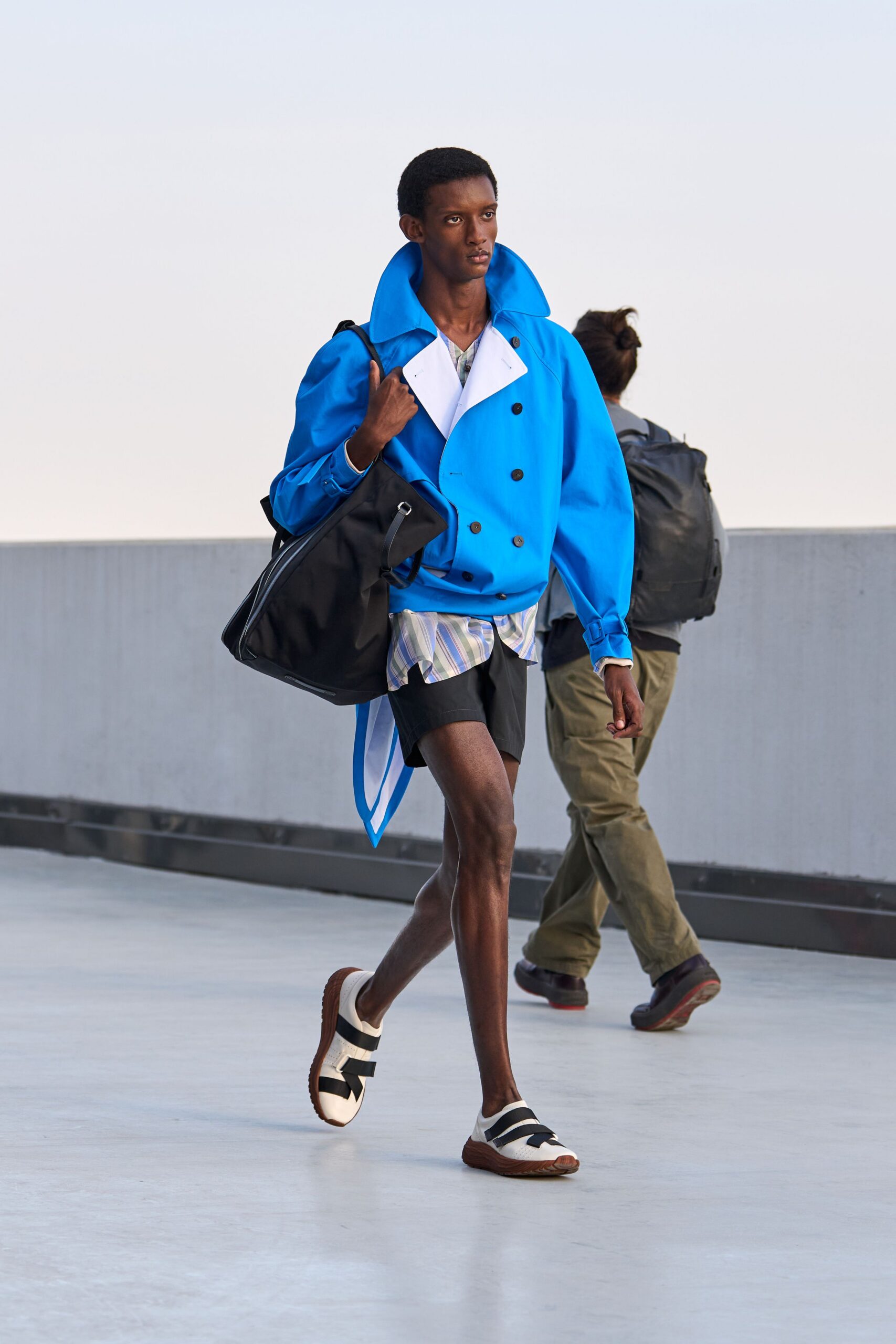 oversized blue double-breasted trench