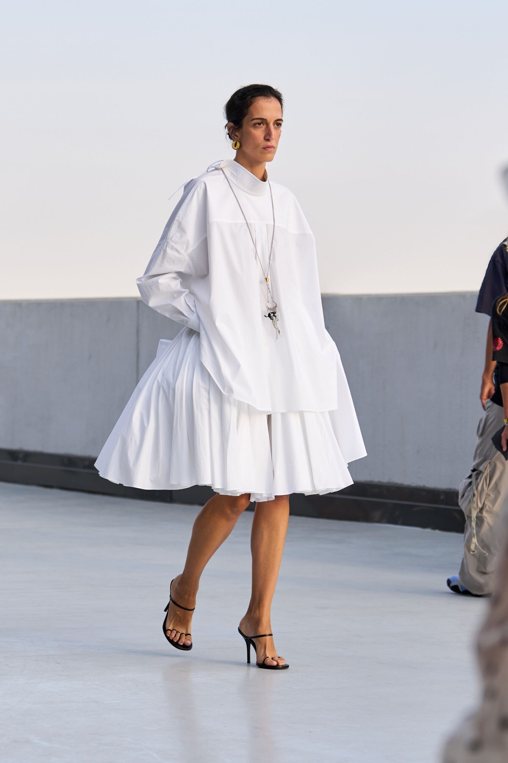 white cotton long-sleeve high-neck oversized ruffled layered dress