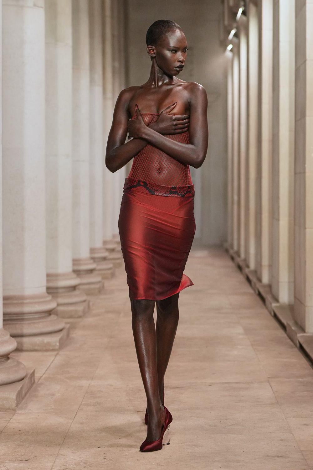 red mesh strapless asymmetric fitted animal-print draped dress