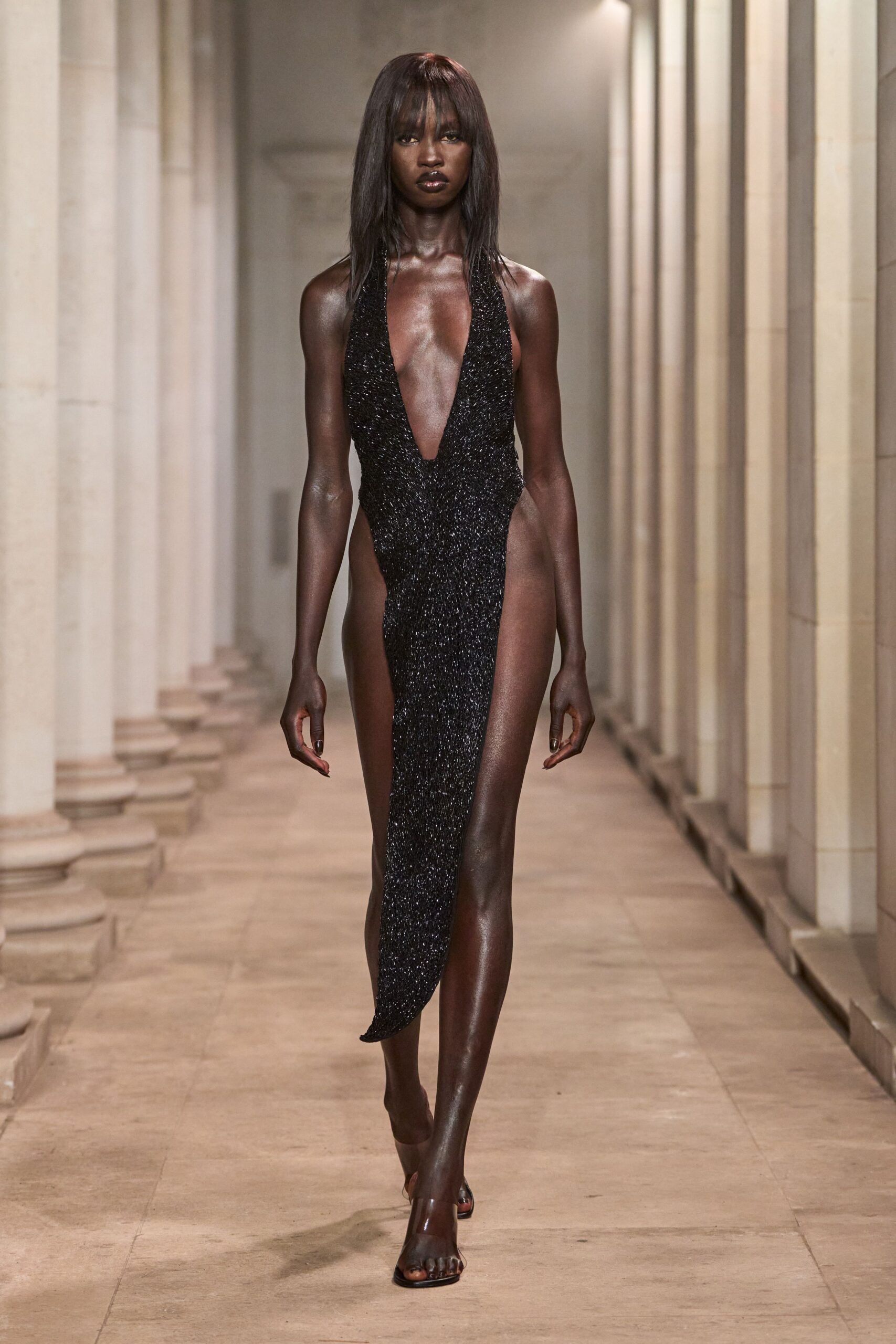 plunging sequined halter evening gown
