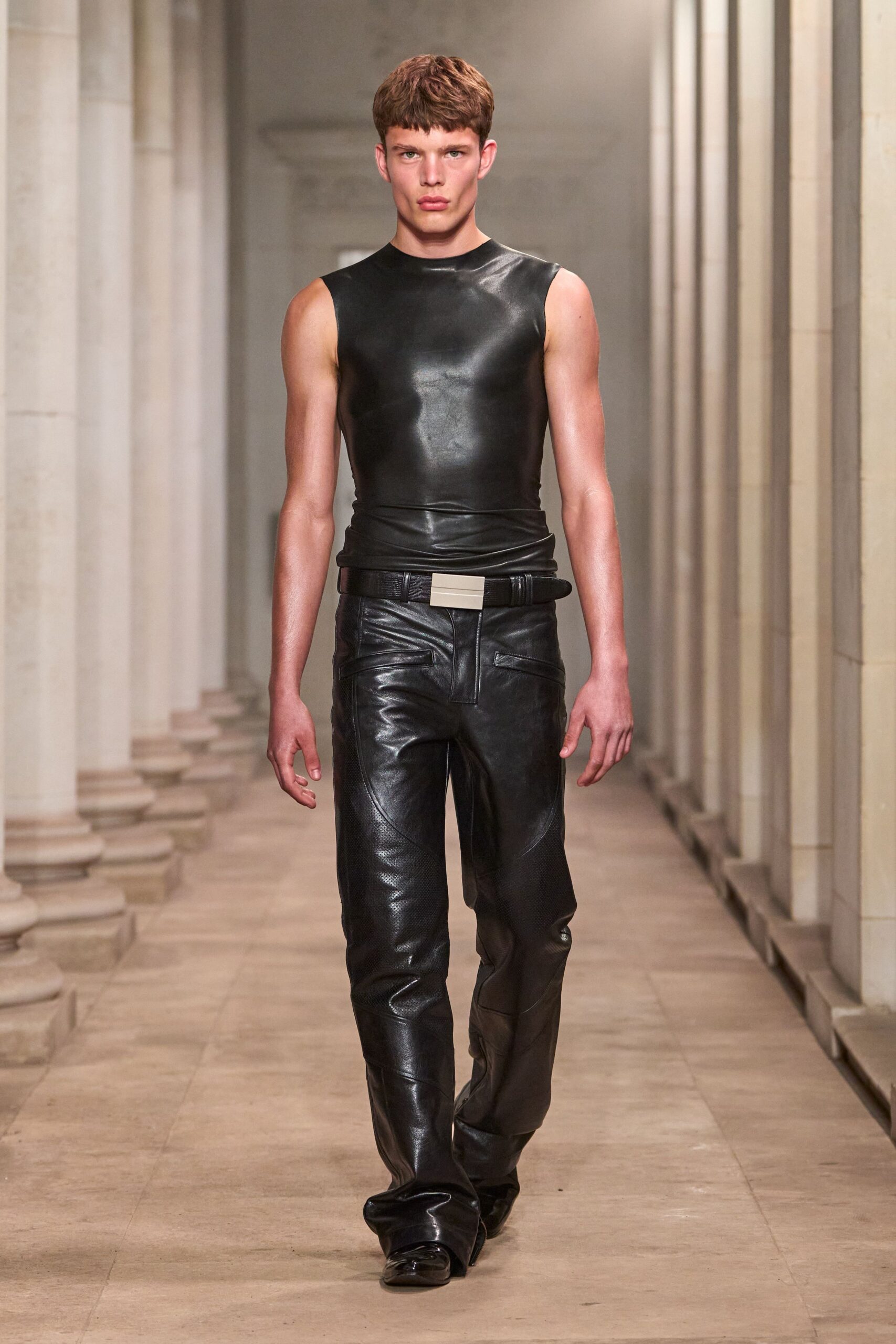 black leather moto trousers